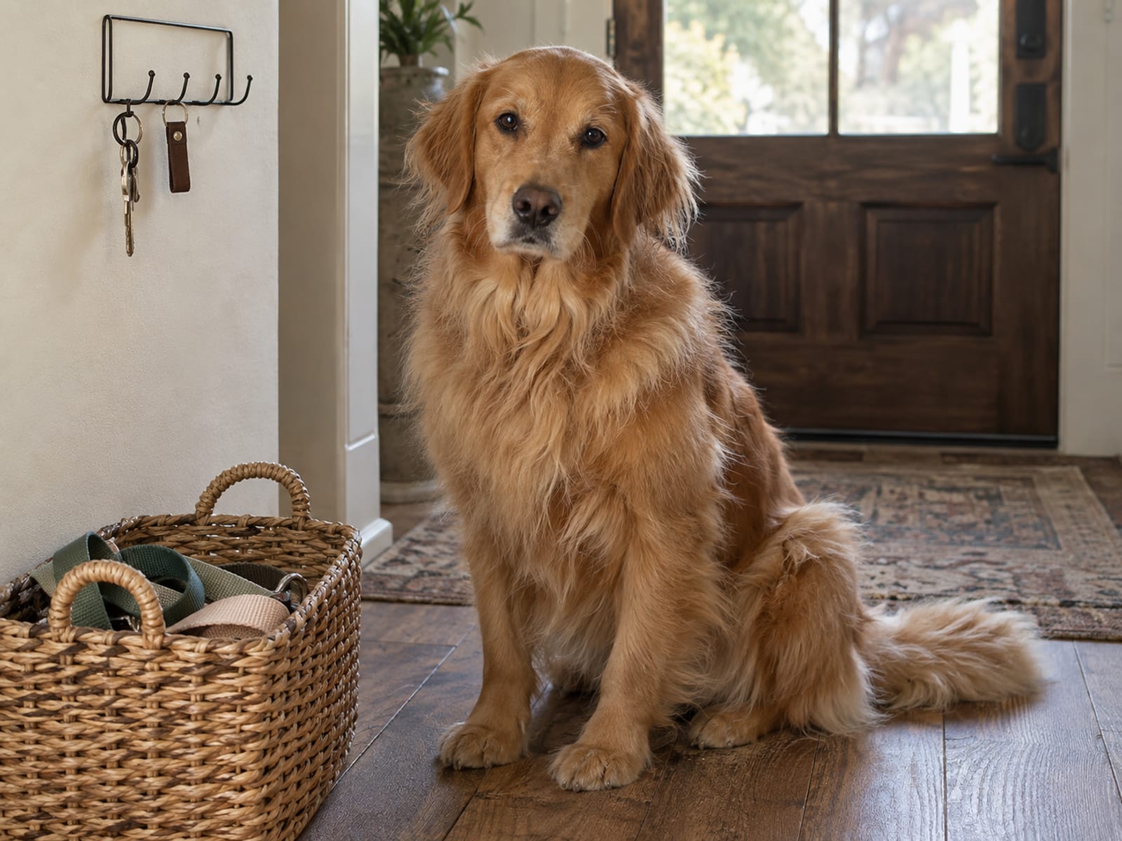 Golden retriever sentado en un piso de entrada tipo madera junto a un gancho para llaves y una canasta con correas dobladas