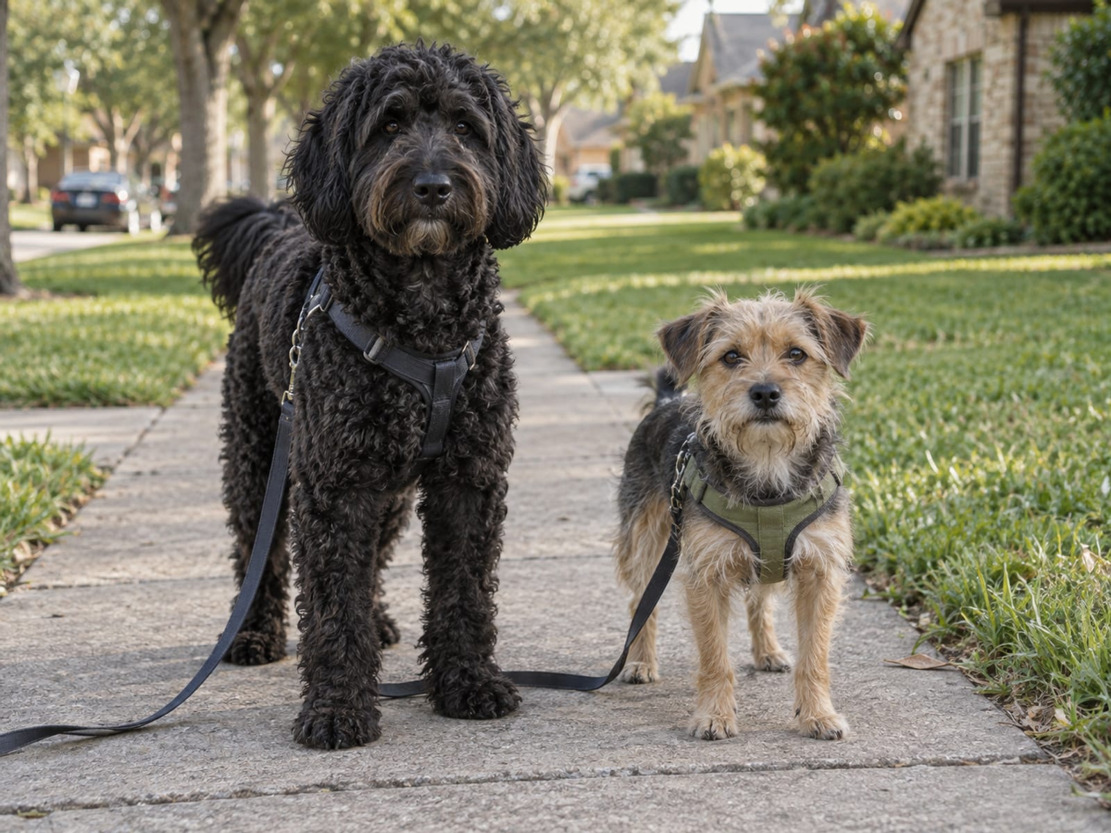 Un perro de agua portugués y un terrier cruza pequeño parados lado a lado en una banqueta residencial, con las correas sueltas sobre el concreto