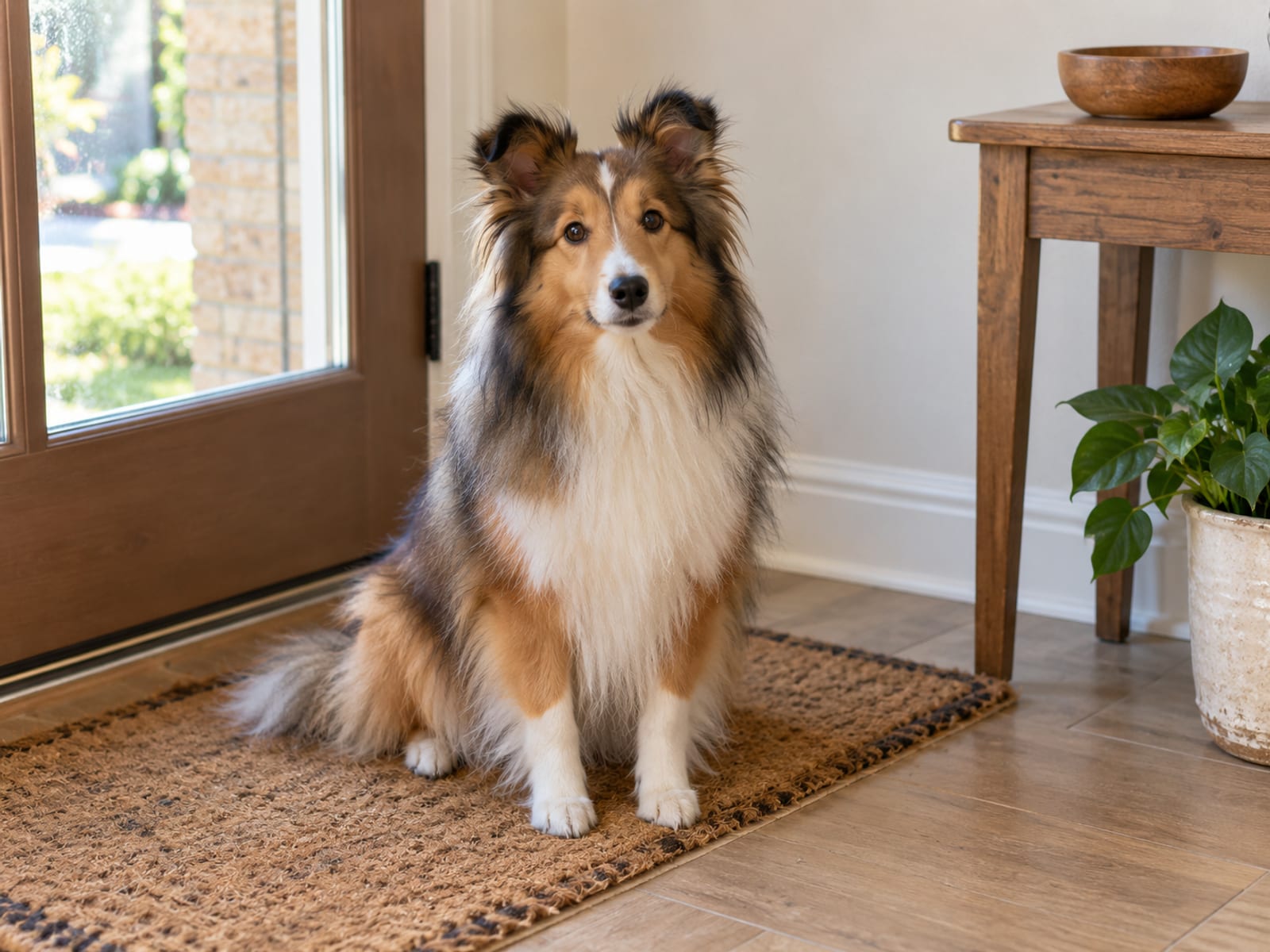 A Shetland sheepdog sitting on a doormat in a bright entryway beside a small table with a wooden key bowl