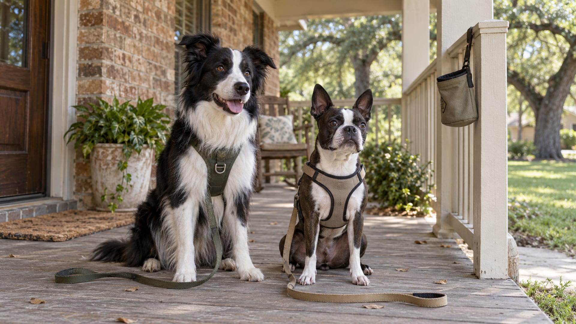 A Border collie and a Boston terrier sitting side by side on a front porch with slack leashes on the boards and a treat pouch on the railing