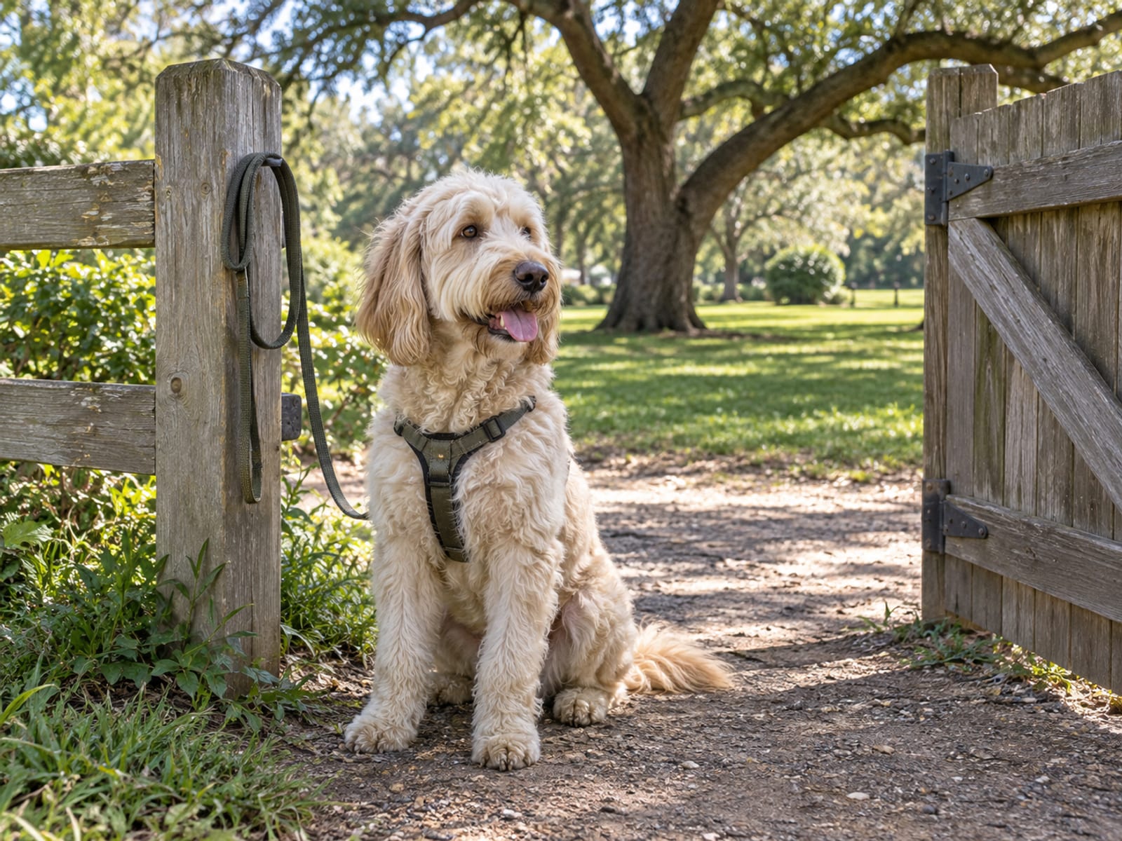 A Labradoodle in a harness sitting at a neighborhood park gate with its leash looped over a wooden fence post