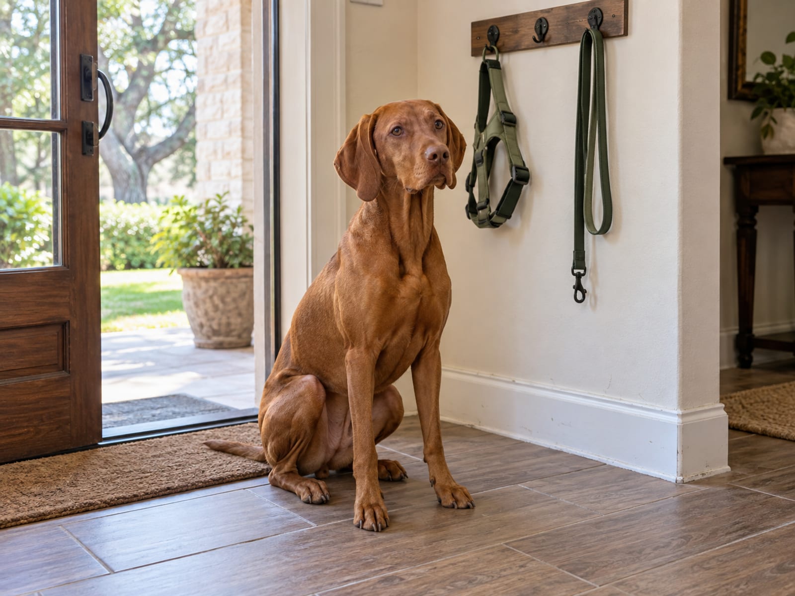 A Vizsla sitting calmly in an entry hall beside a wall hook holding a plain leash and harness