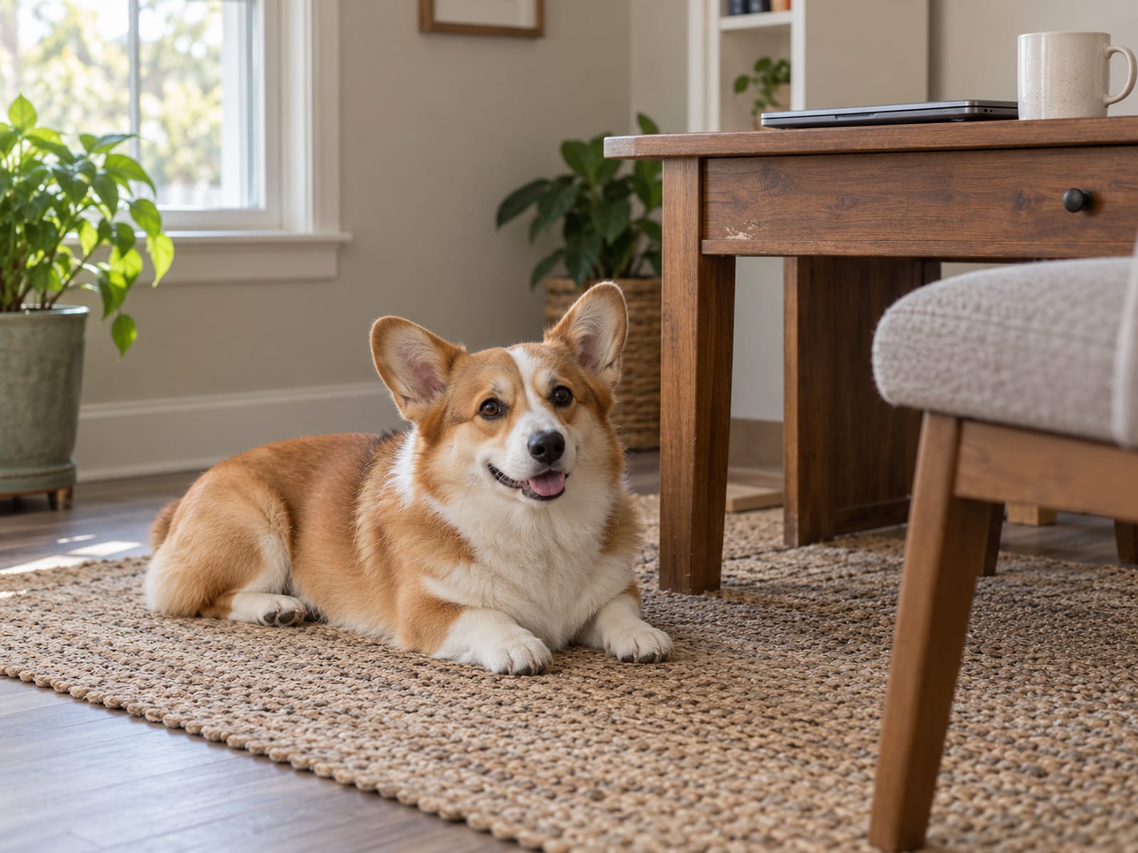 A Pembroke corgi lying on a rug beside a small wooden desk with a closed laptop and a plain mug