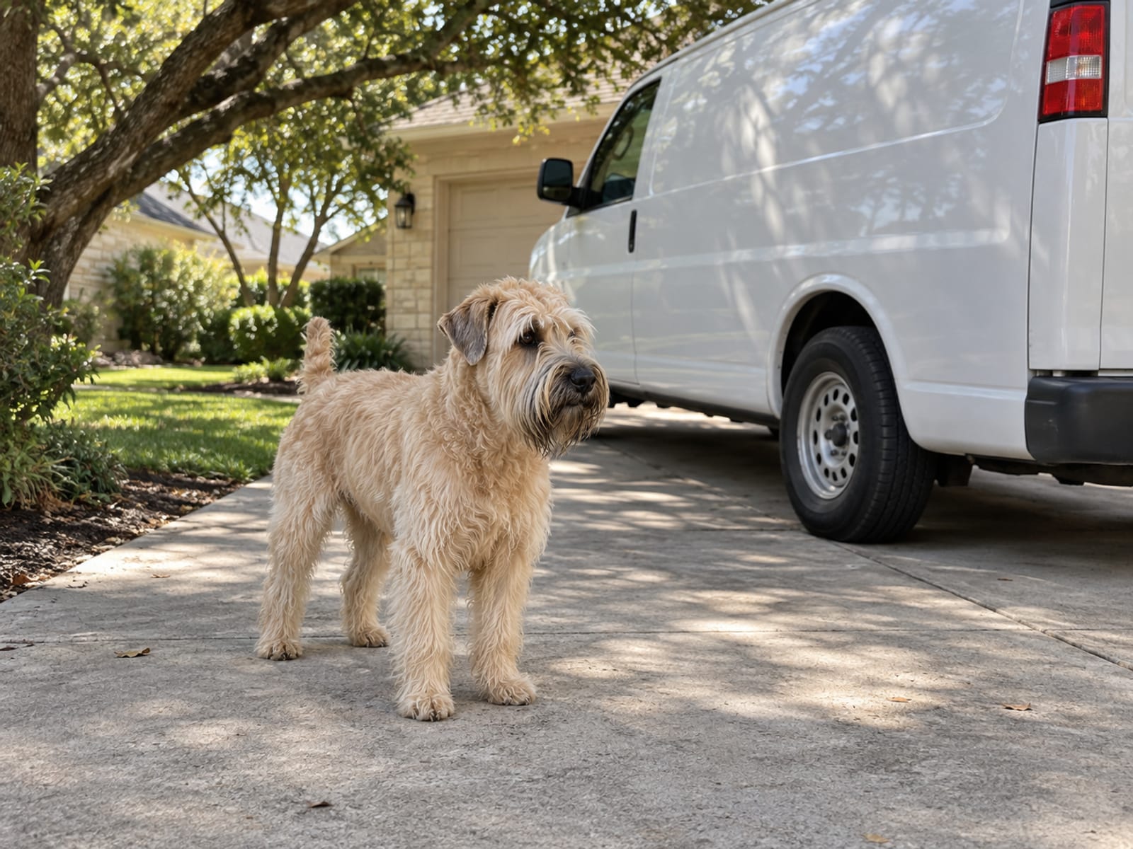 Wheaten terrier parado en una entrada de cochera barrida junto a una camioneta de trabajo blanca sin letreros, a la sombra de un encino