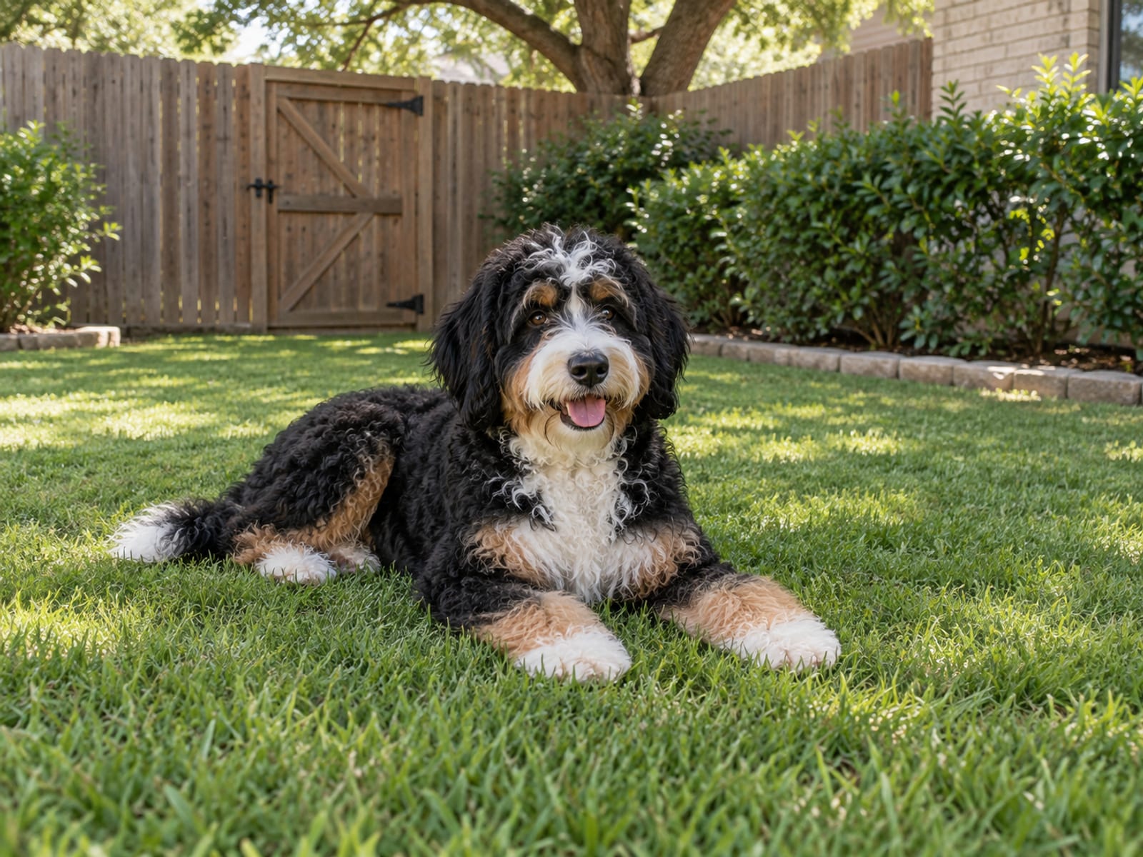 Bernedoodle acostado tranquilo a la sombra en un pasto de patio podado parejo, junto a una reja de madera cerrada y una hilera de arbustos