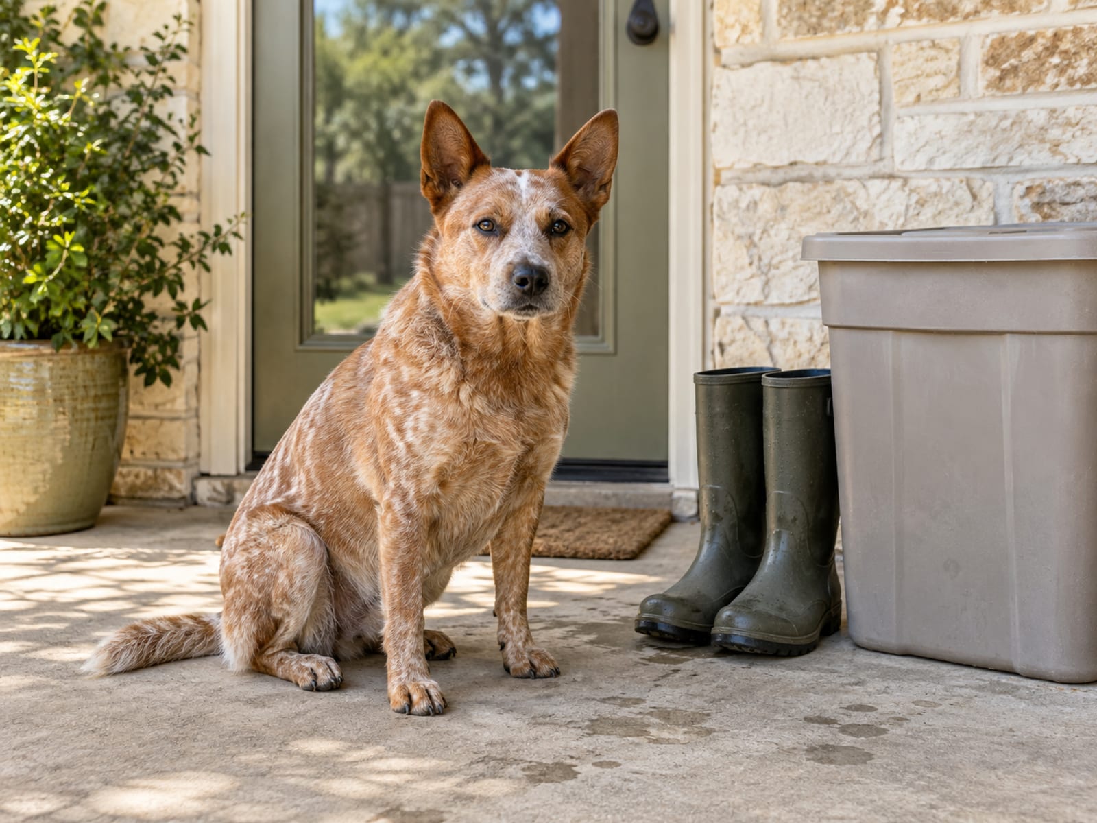 Perro boyero australiano rojo sentado en un patio limpio junto a unas botas de hule lavadas y un bote de plástico cerrado junto a la puerta