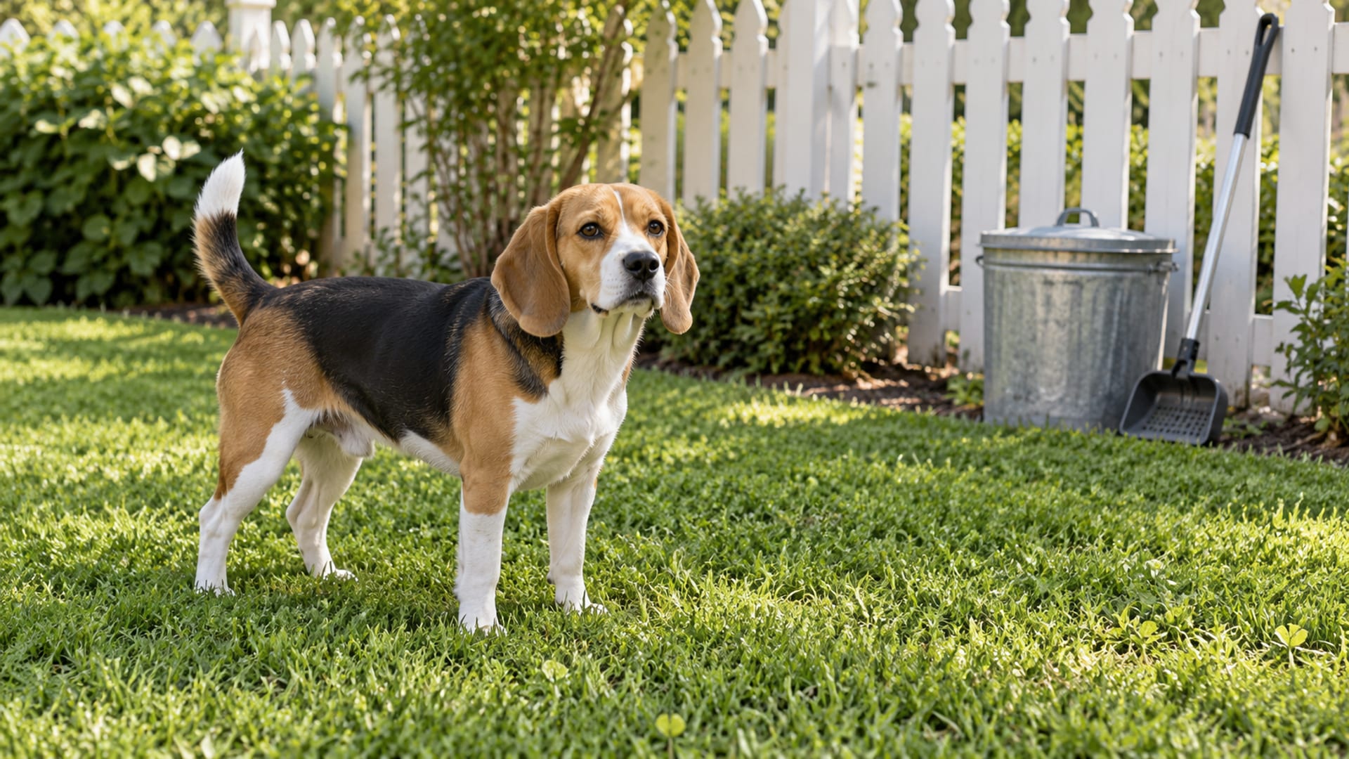 A beagle standing on a freshly mowed backyard lawn beside a white picket fence with a lidded metal pail and a long handled scooper leaning on it