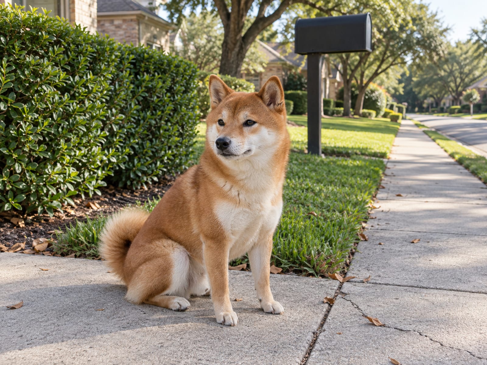 Un shiba inu sentado en una acera del barrio junto a un césped verde bien cuidado y un seto bajo, con un poste de buzón sencillo detrás