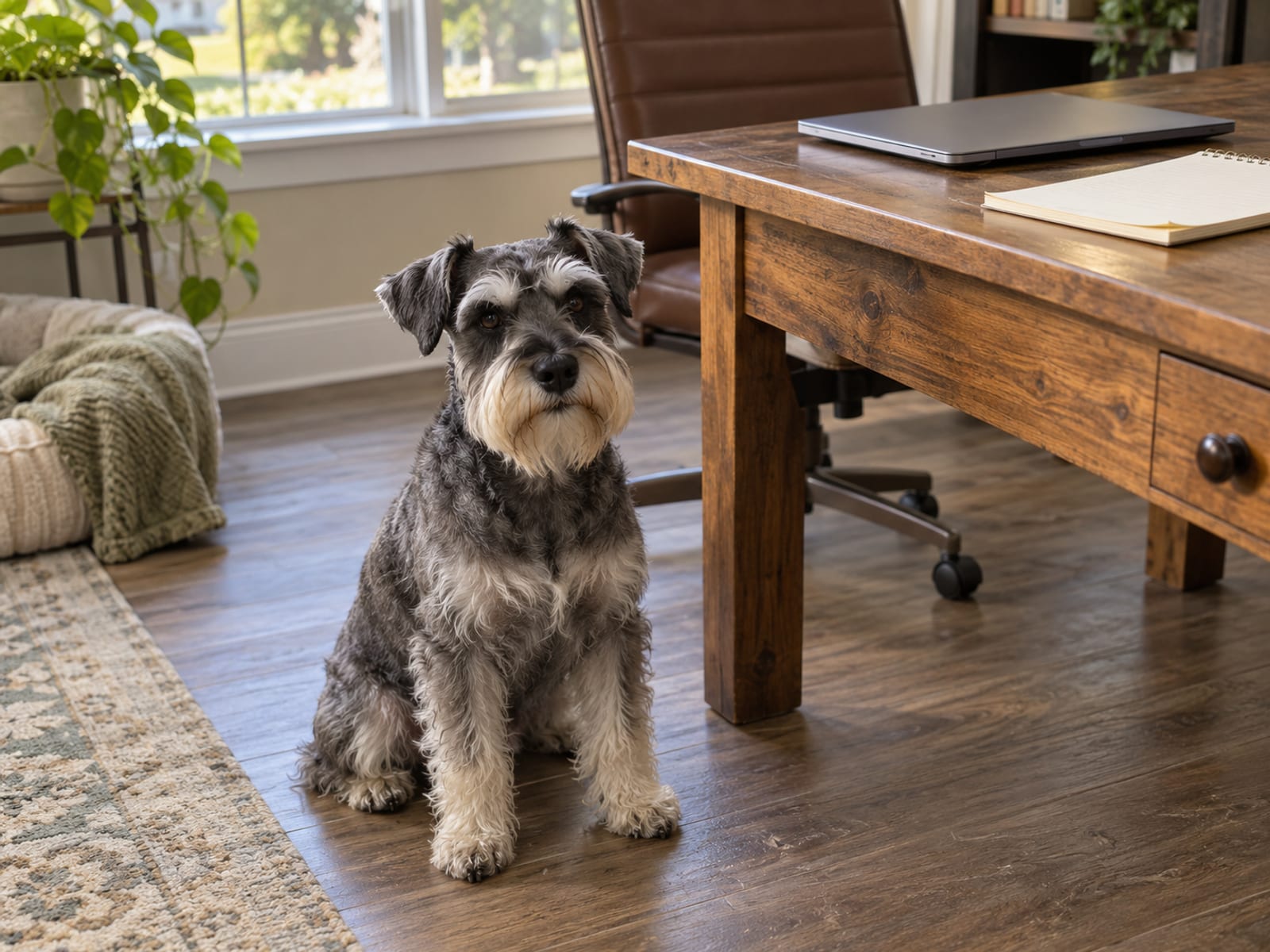Un schnauzer miniatura sentado en el piso de una oficina en casa ordenada, junto a un escritorio de madera con una laptop cerrada y un bloc de notas en blanco