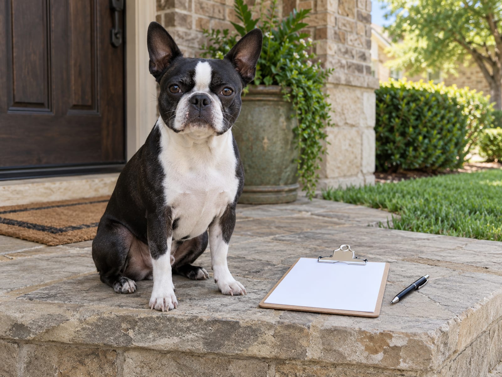 Un Boston terrier sentado en un escalón de entrada ordenado, junto a una tablilla con sujetapapeles en blanco y una pluma sobre la piedra