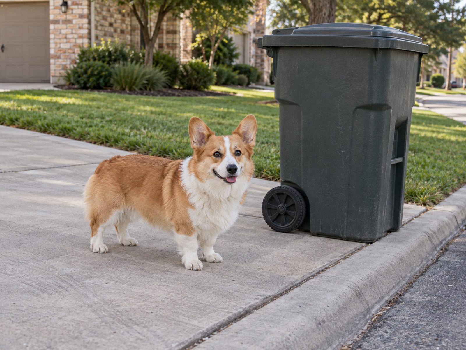 Un corgi parado en un camino de entrada de concreto limpio, junto a un bote de basura de plástico cerrado con tapa y con las ruedas en la banqueta