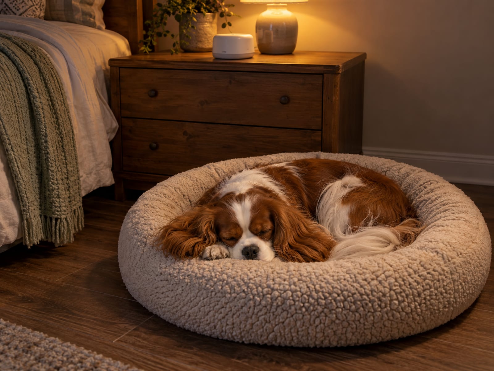 Blenheim Cavalier King Charles spaniel curled up asleep on a round dog bed in a dim bedroom with a small white noise machine on the dresser