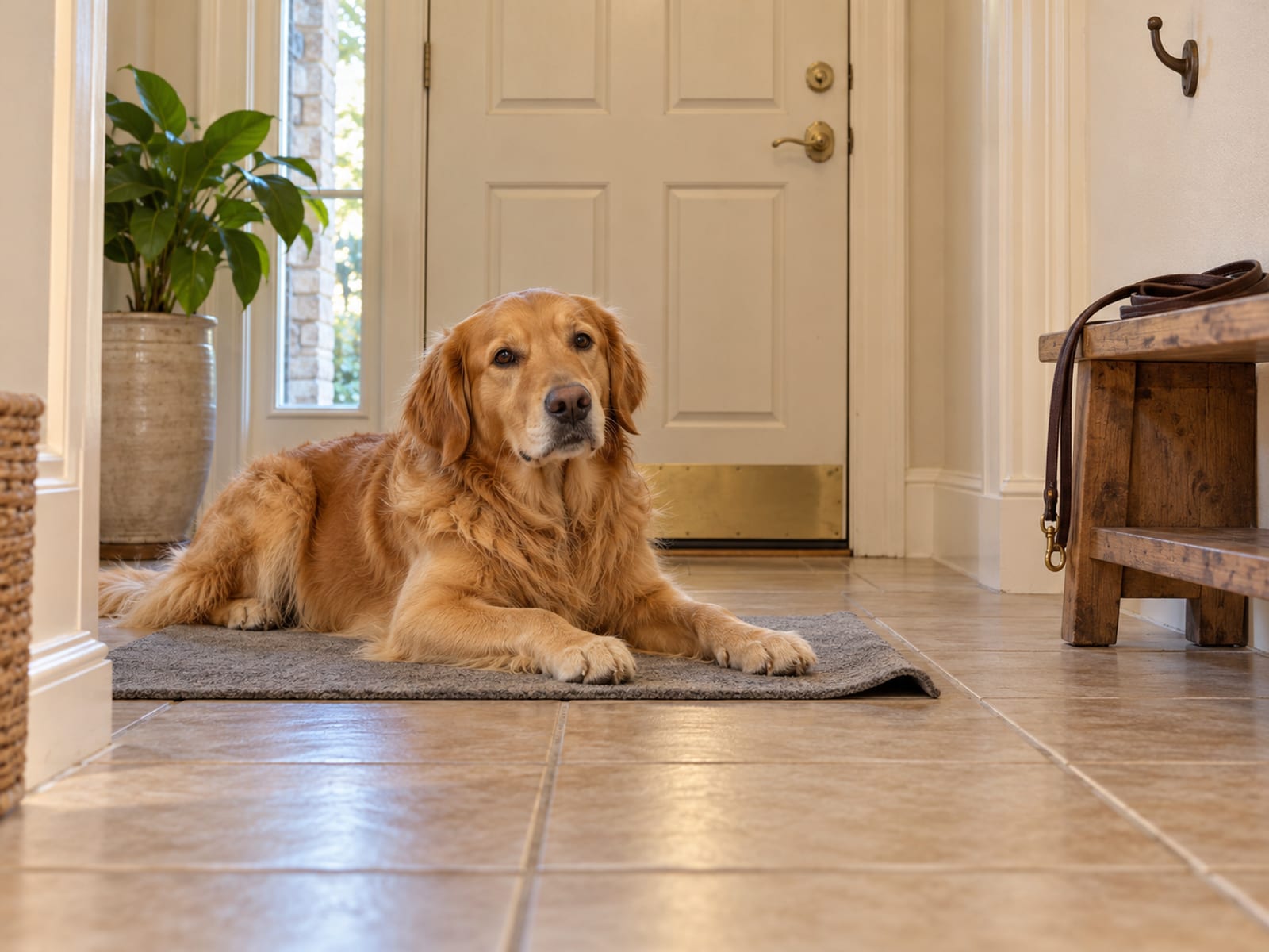 Golden retriever lying calmly on a small plain gray mat in a hallway a few feet from a closed front door