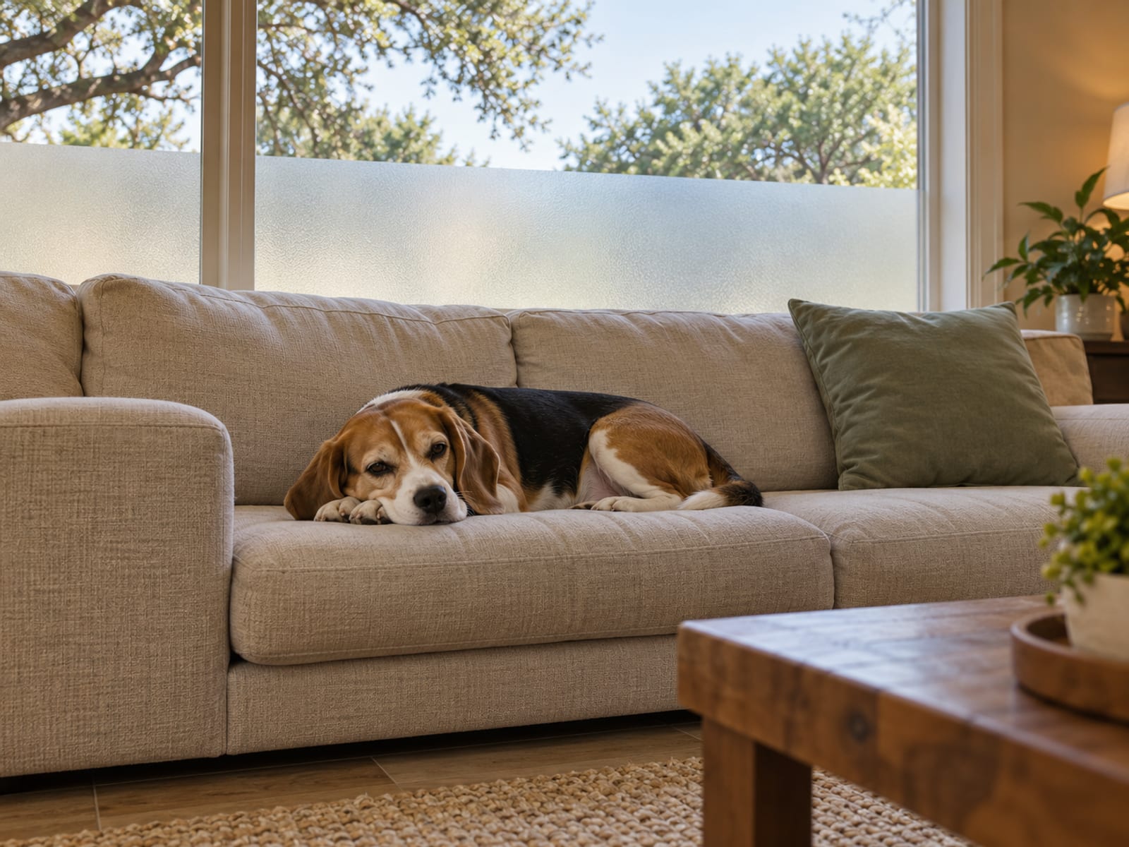 Tricolor beagle lying relaxed on a sofa below a window whose lower half is covered with frosted film