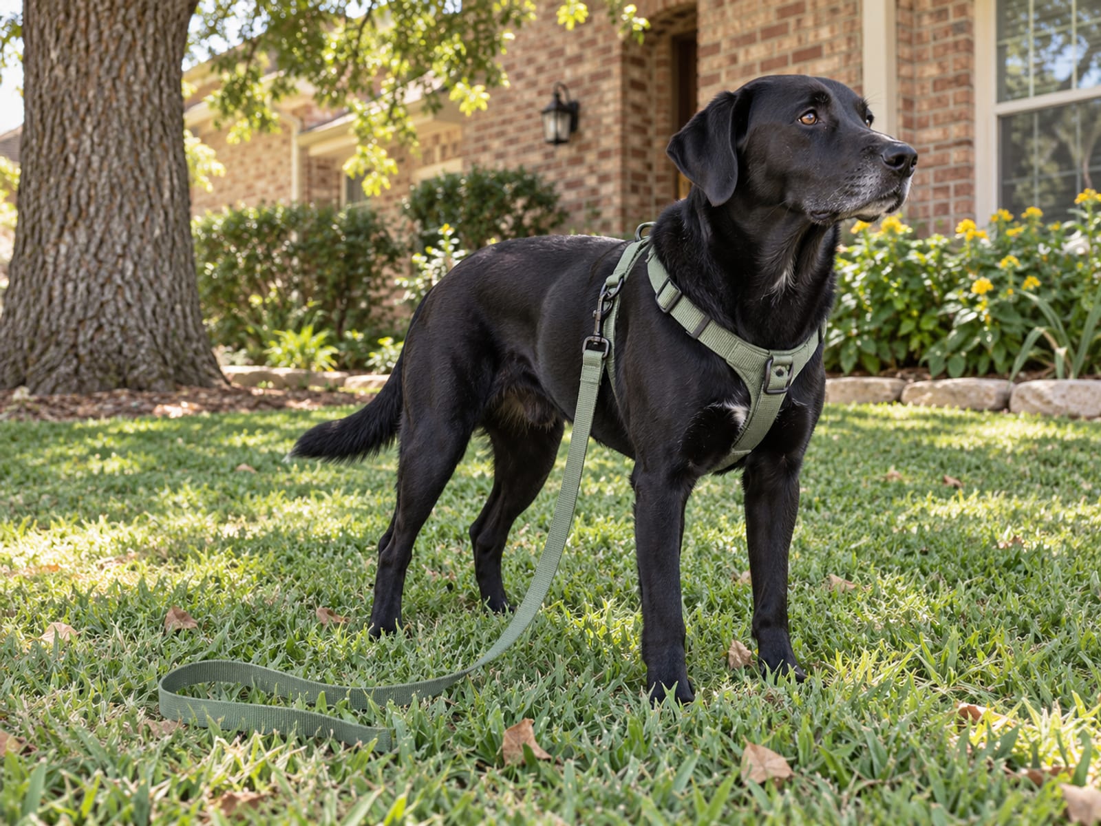 Black Labrador mix standing on a shaded front lawn wearing a harness, its leash lying slack in the grass