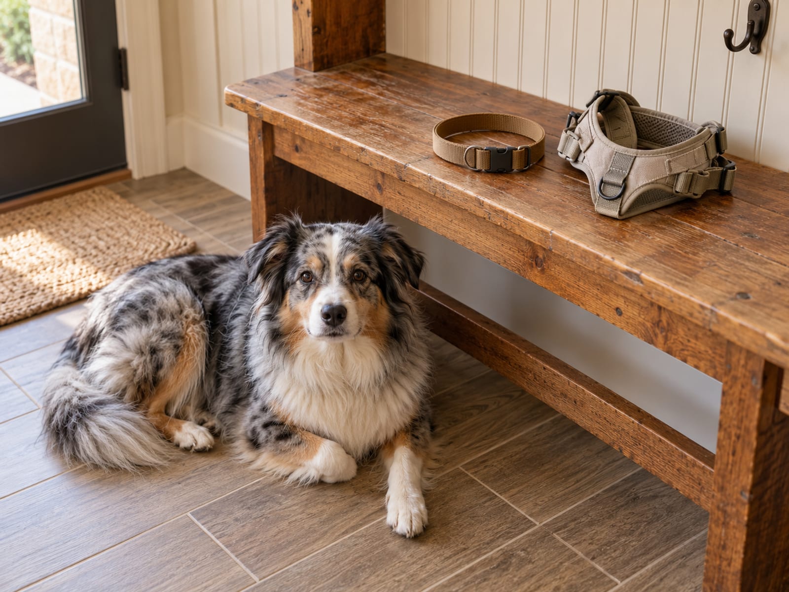 Plain flat buckle collar and a front-clip harness laid side by side on a wooden mudroom bench, an Australian shepherd mix lying on the floor nearby