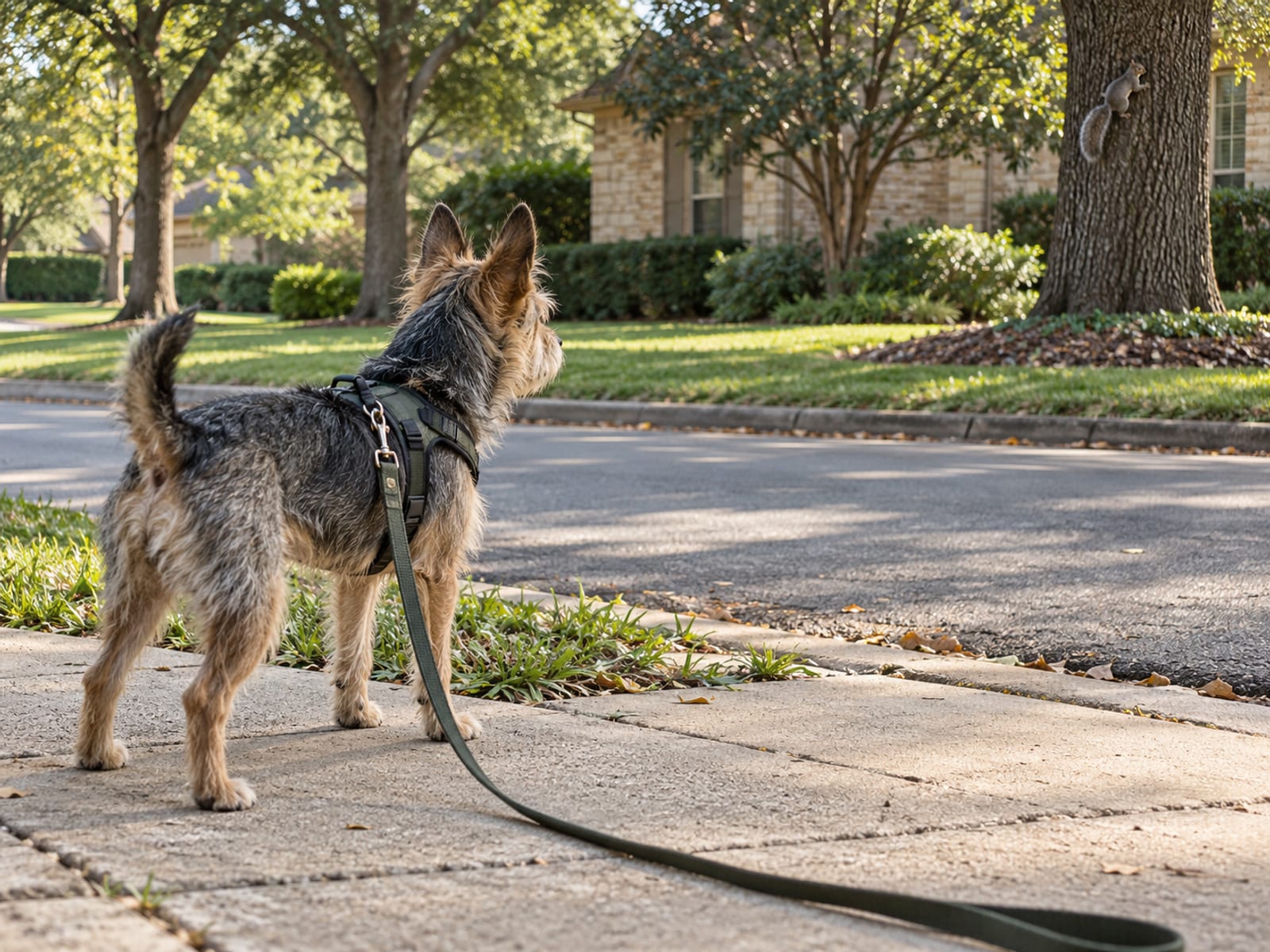 Wire-haired terrier mix standing alert on a suburban sidewalk, a squirrel on an oak trunk across the street, leash trailing slack from its harness