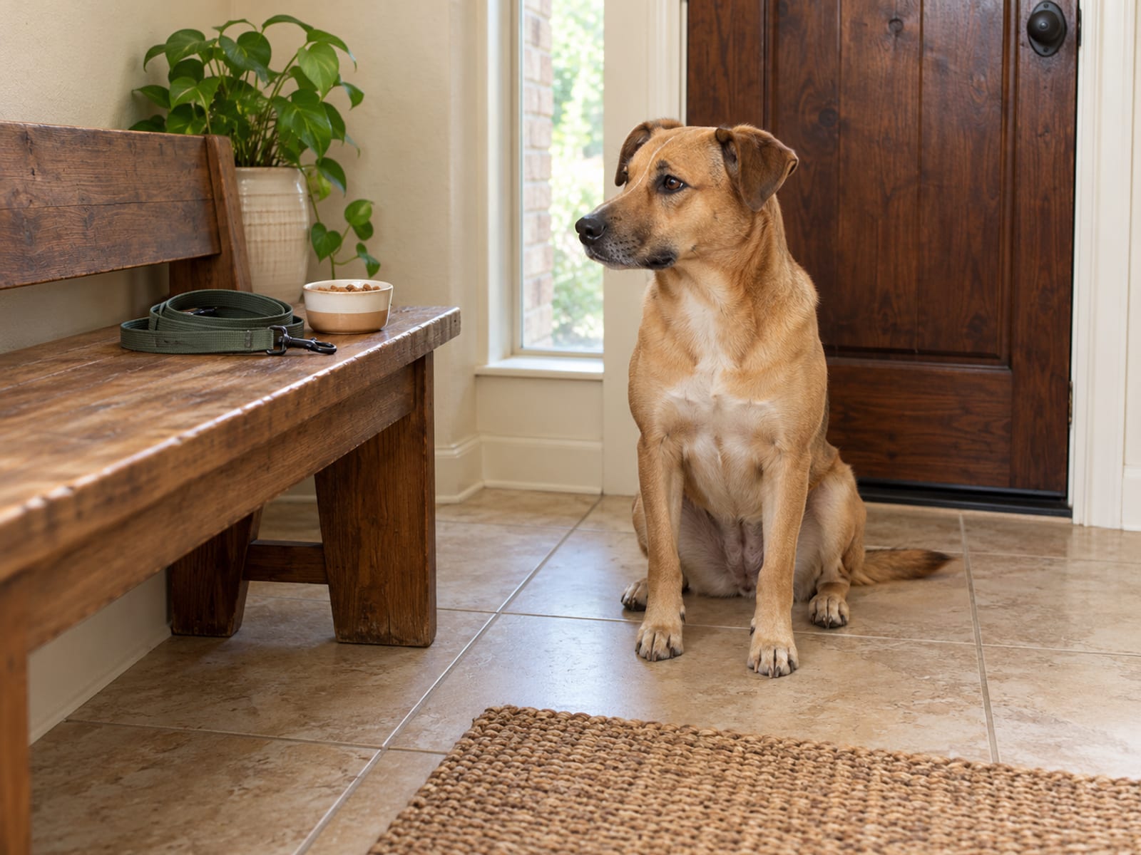 Tan mixed-breed dog sitting calmly on a tile entryway floor by the front door, a coiled leash and a small bowl of treats on a bench