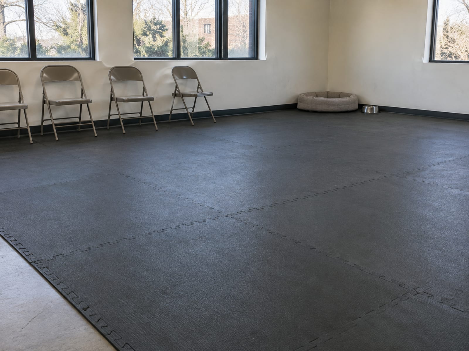 Empty community training room with rubber floor mats, folding chairs along the wall, a dog bed and a water bowl in the corner