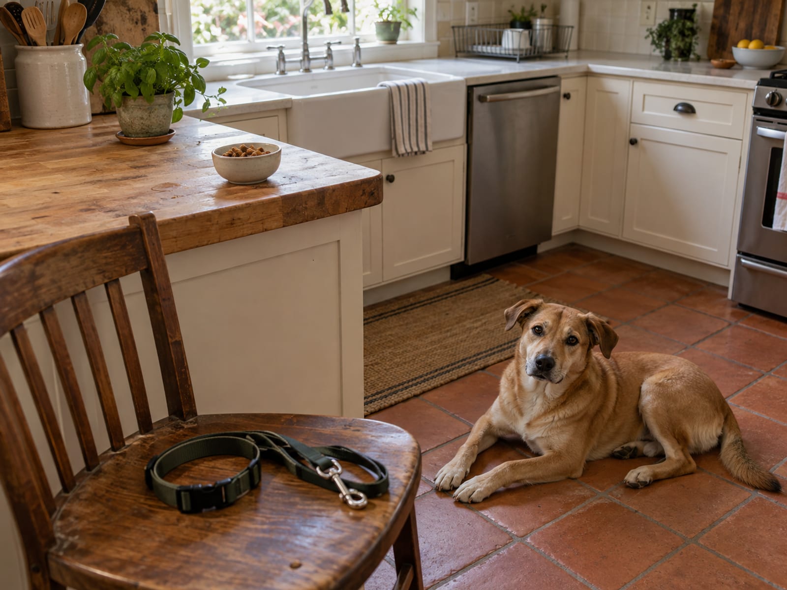 Kitchen corner with a bowl of small treats on the counter, a collar and leash on a chair, and a dog lying on the tile