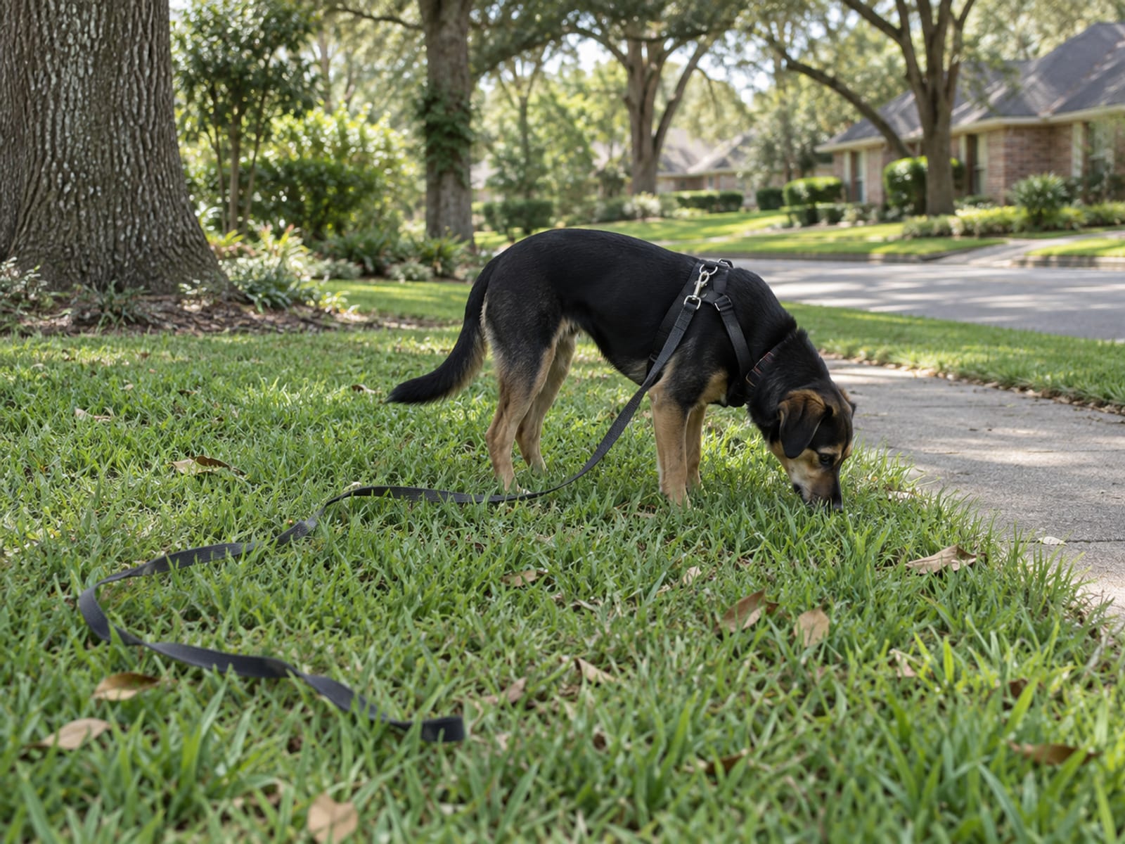 Black and tan mixed-breed dog on a slack long line sniffing the edge of a front yard with a live oak behind