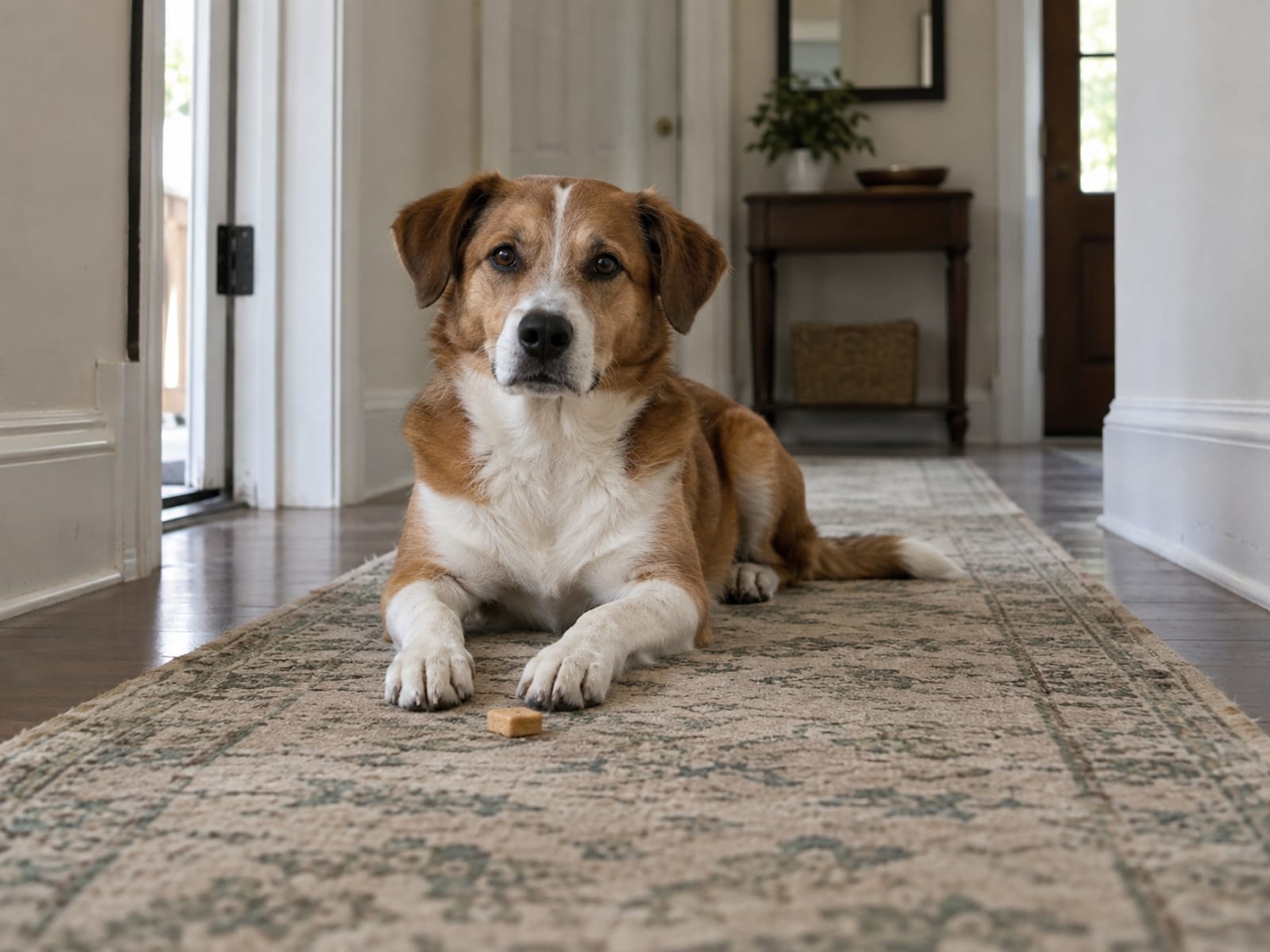 Brown and white mixed-breed dog lying down on a hallway runner with a single treat on the floor in front of its paws