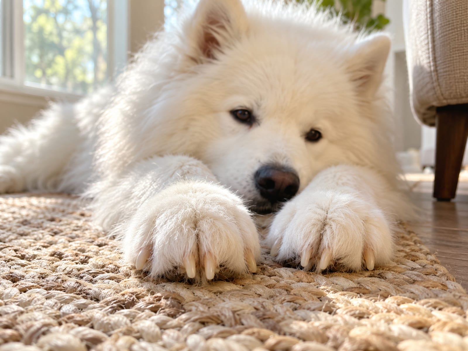 White Samoyed lying on a rug with its front paws relaxed in front of it and its pale nails visible
