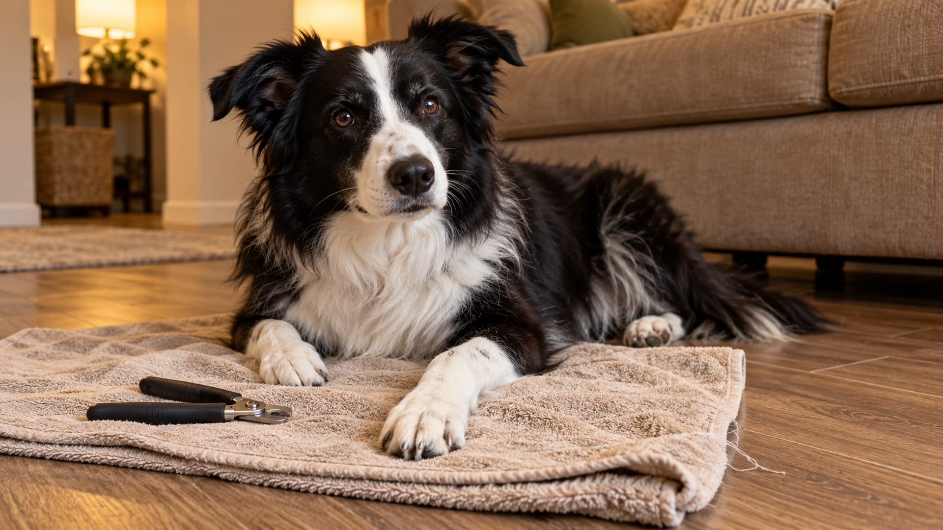 Black and white Border collie lying calmly on a folded towel with one front paw stretched forward