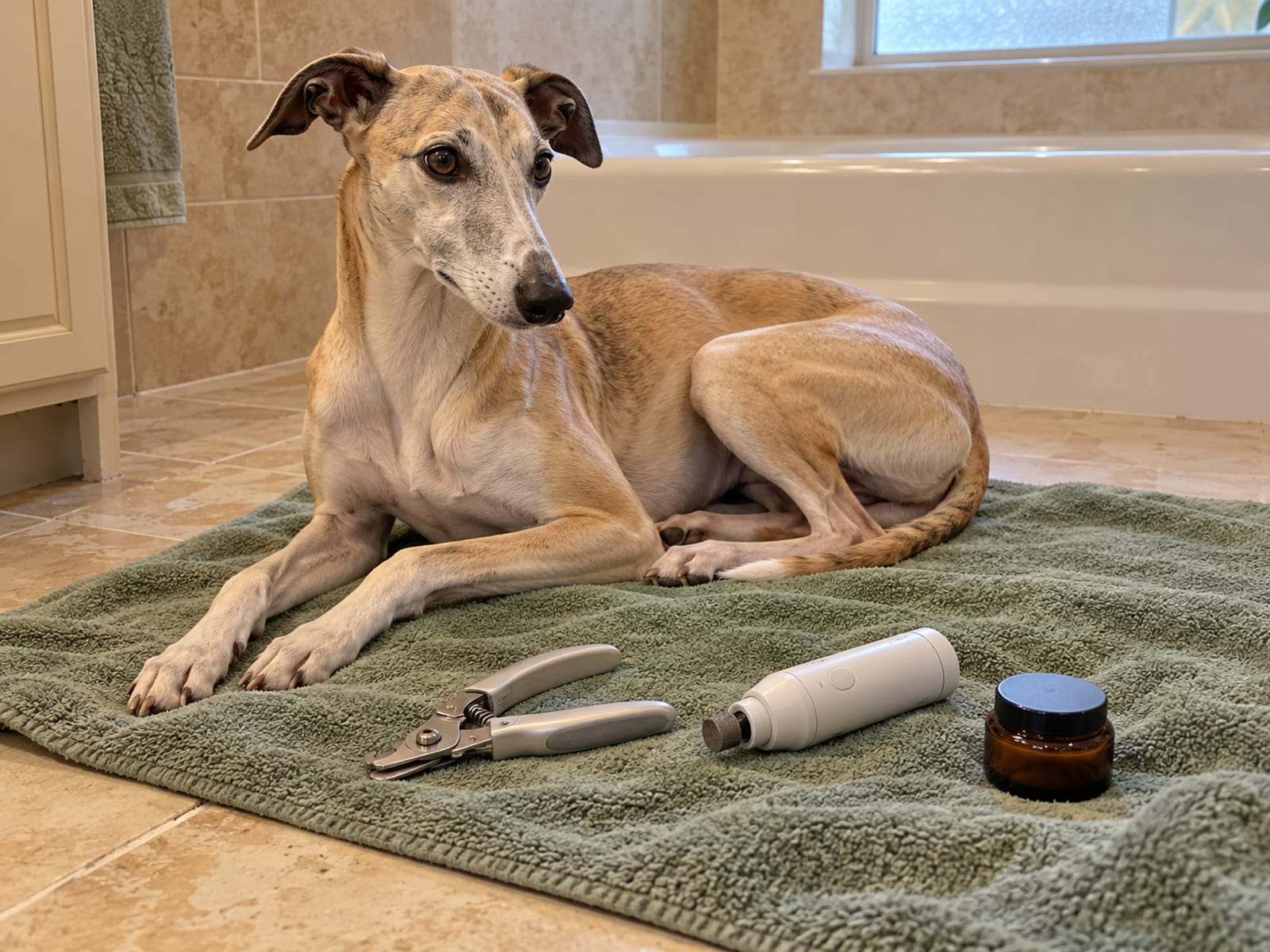 Fawn whippet lying on a folded towel on a bathroom floor beside nail clippers, a nail grinder and a small unlabeled jar