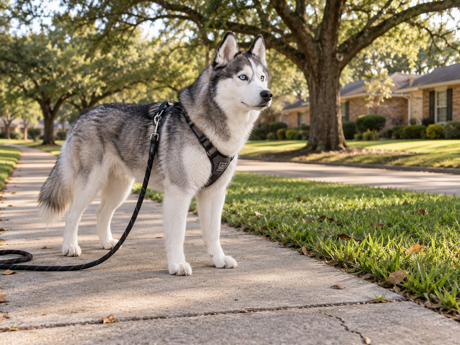 Gray and white Siberian husky standing on a concrete sidewalk on a quiet suburban street in the morning