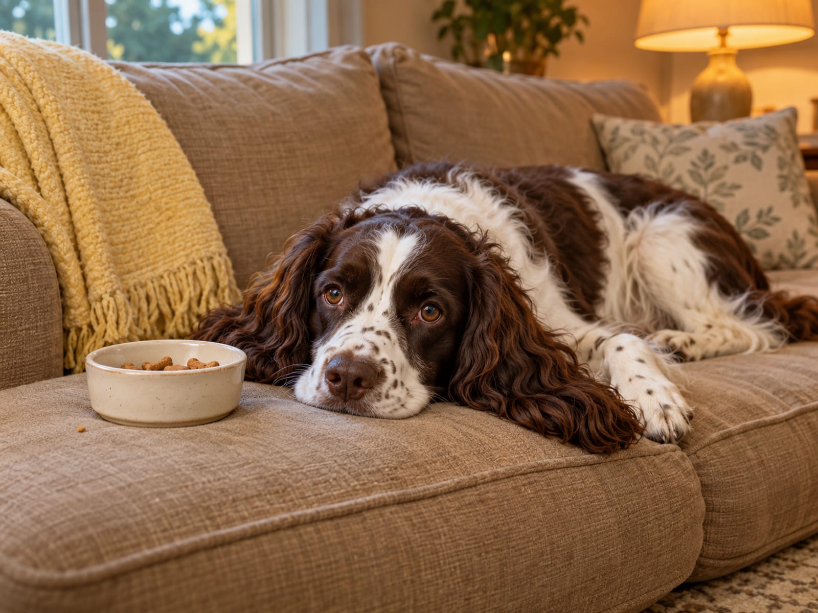 Liver and white English springer spaniel lying on a couch cushion beside a small bowl of plain treats