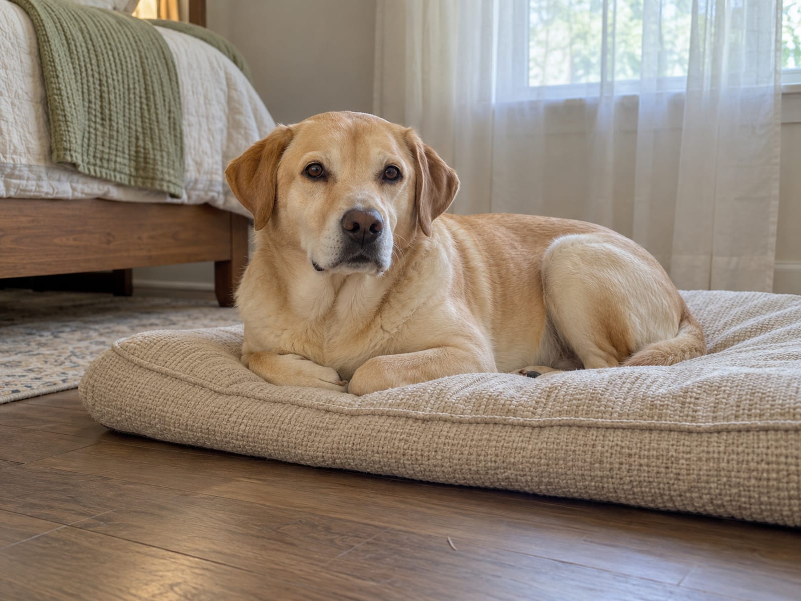 Labrador mix lying on a soft cushion in a shaded bedroom with its paws tucked under