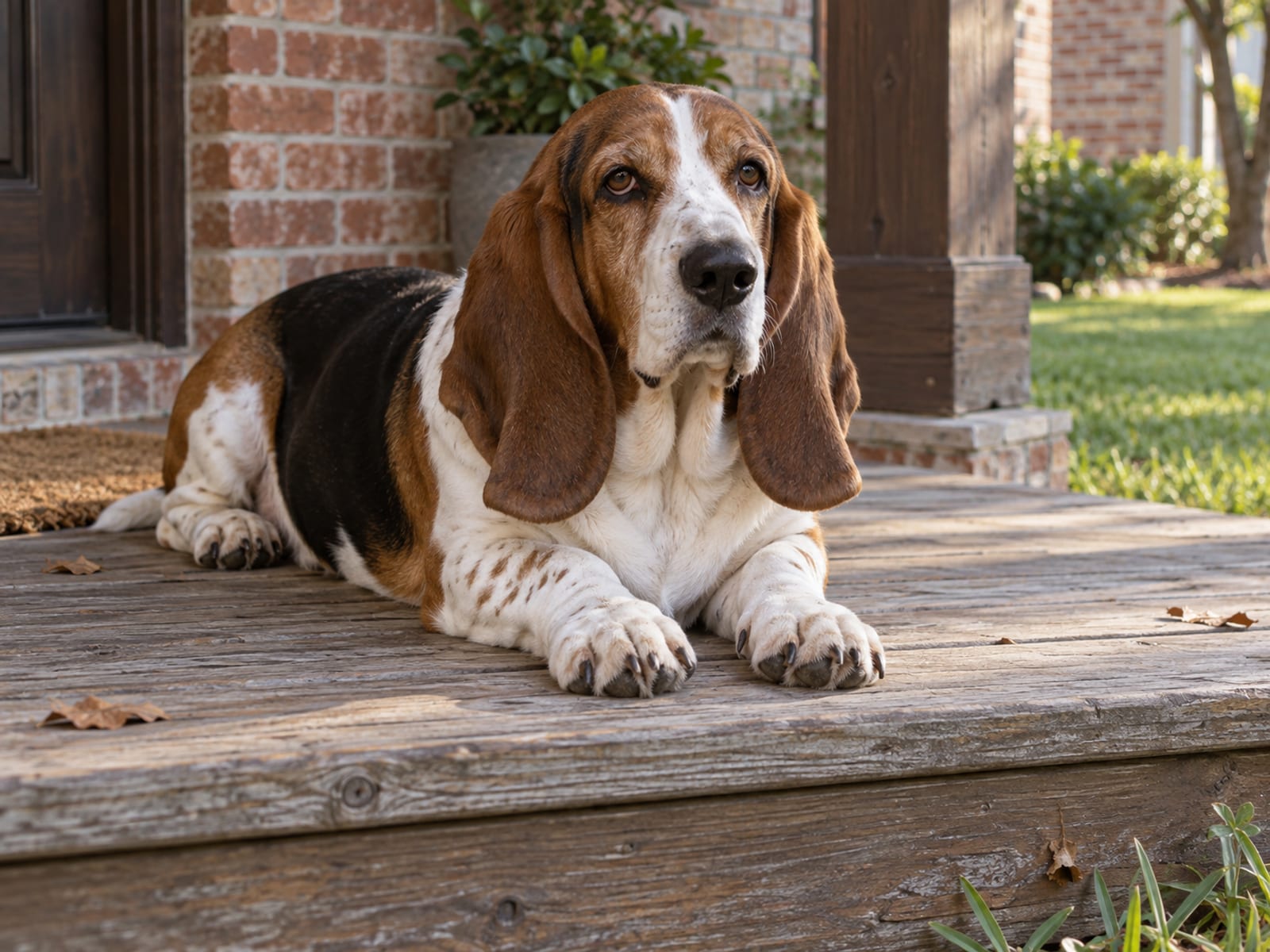 Basset hound lying on a sunlit porch step with its front paws stretched out