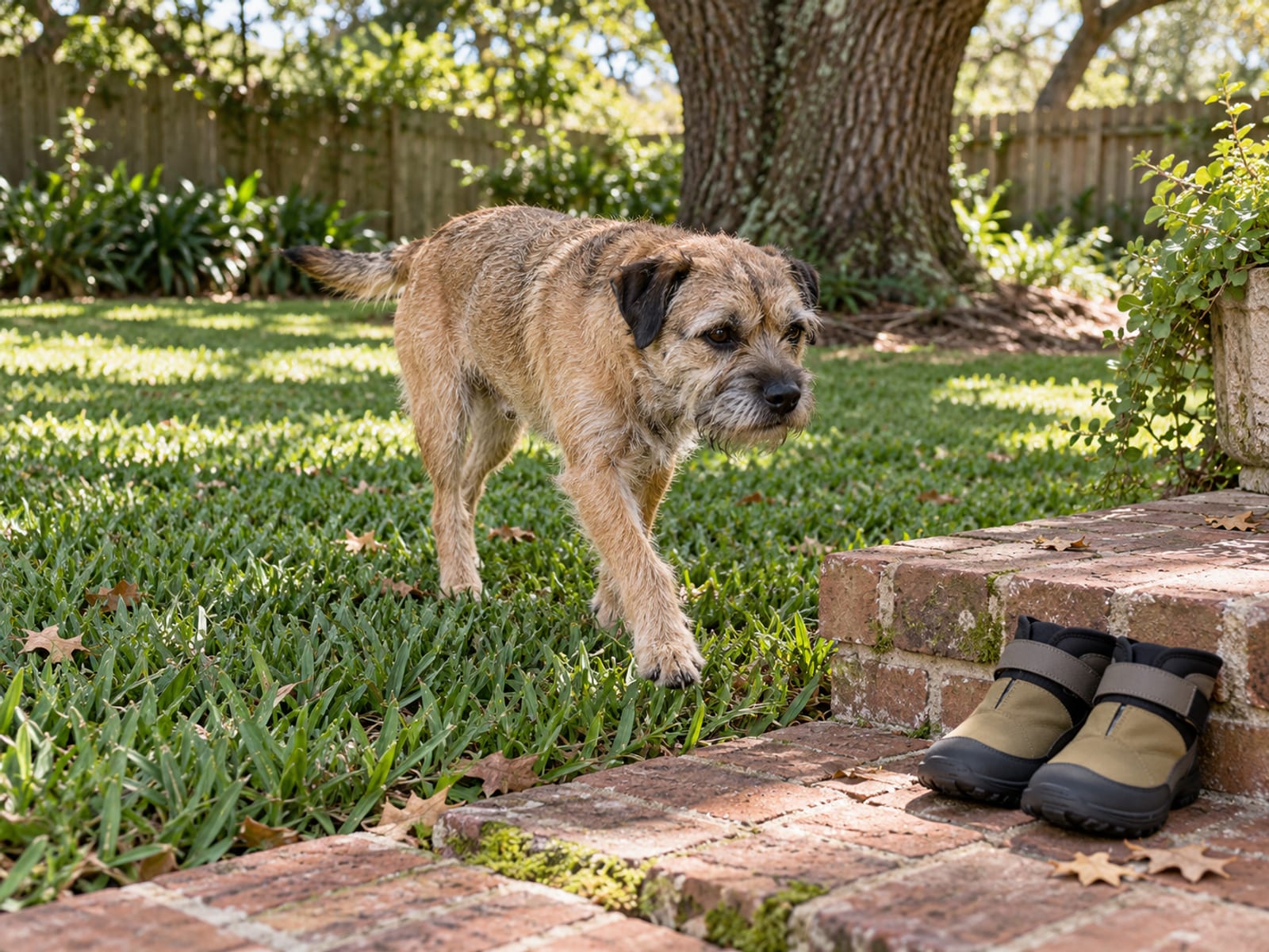 Border terrier walking along a shaded lawn edge beside a brick patio with plain dog boots on the step