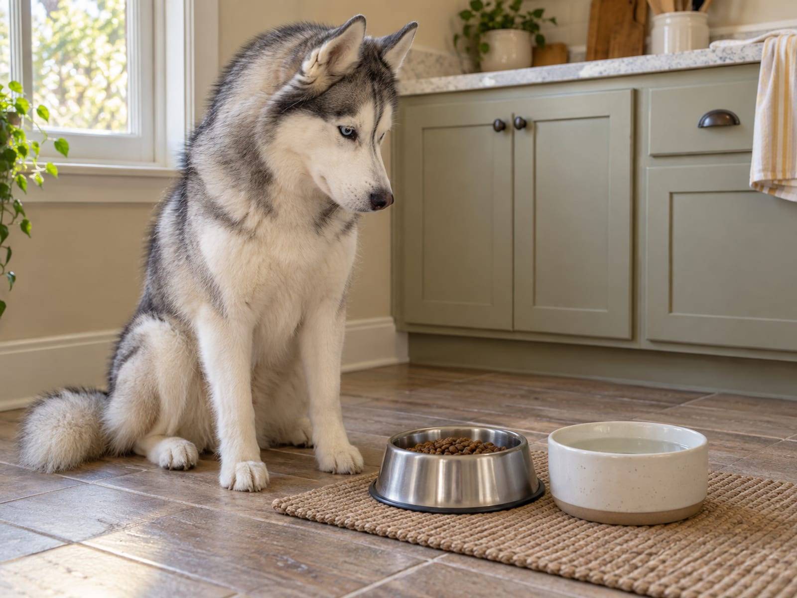 Siberian husky sitting on a kitchen floor mat beside a steel food bowl and a plain water bowl
