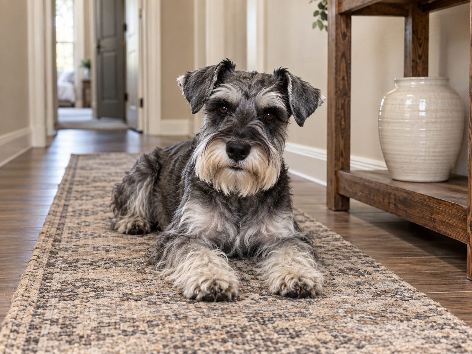 A miniature schnauzer lying on a hallway runner beside a wooden console table.