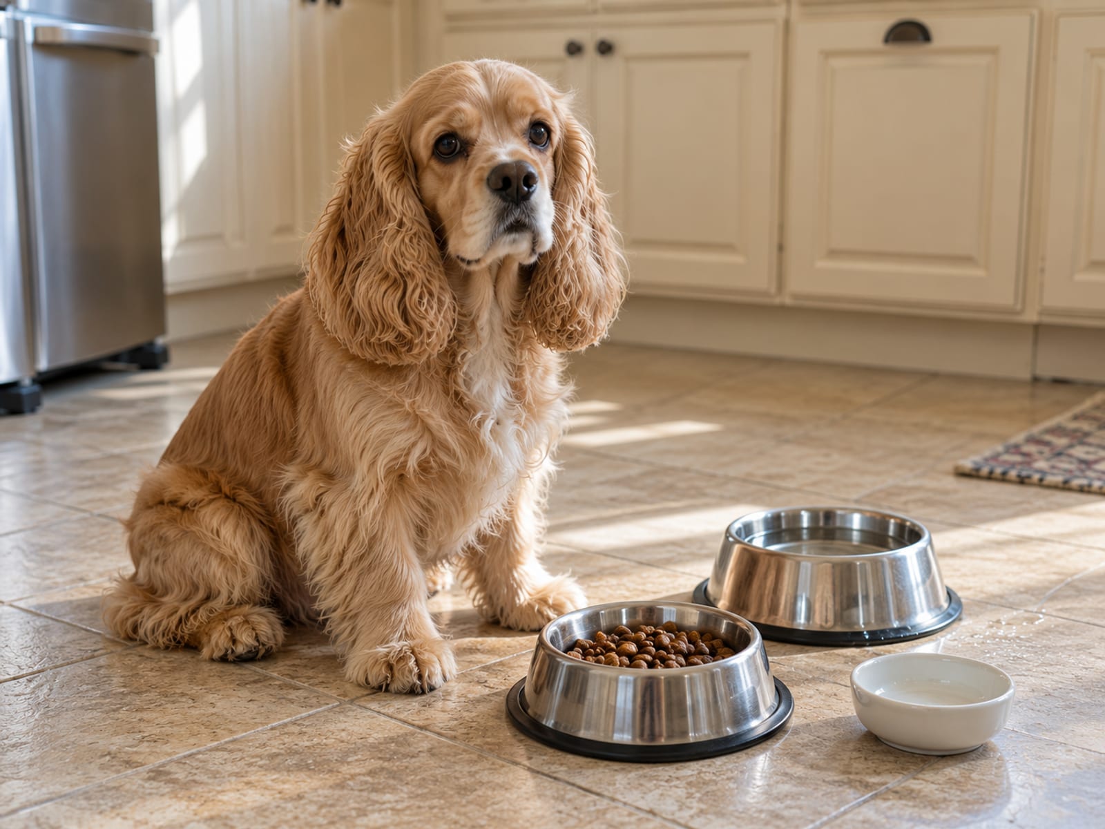 A cocker spaniel sitting beside a steel food bowl and a water bowl on a kitchen tile floor with an empty small plain dish next to them.