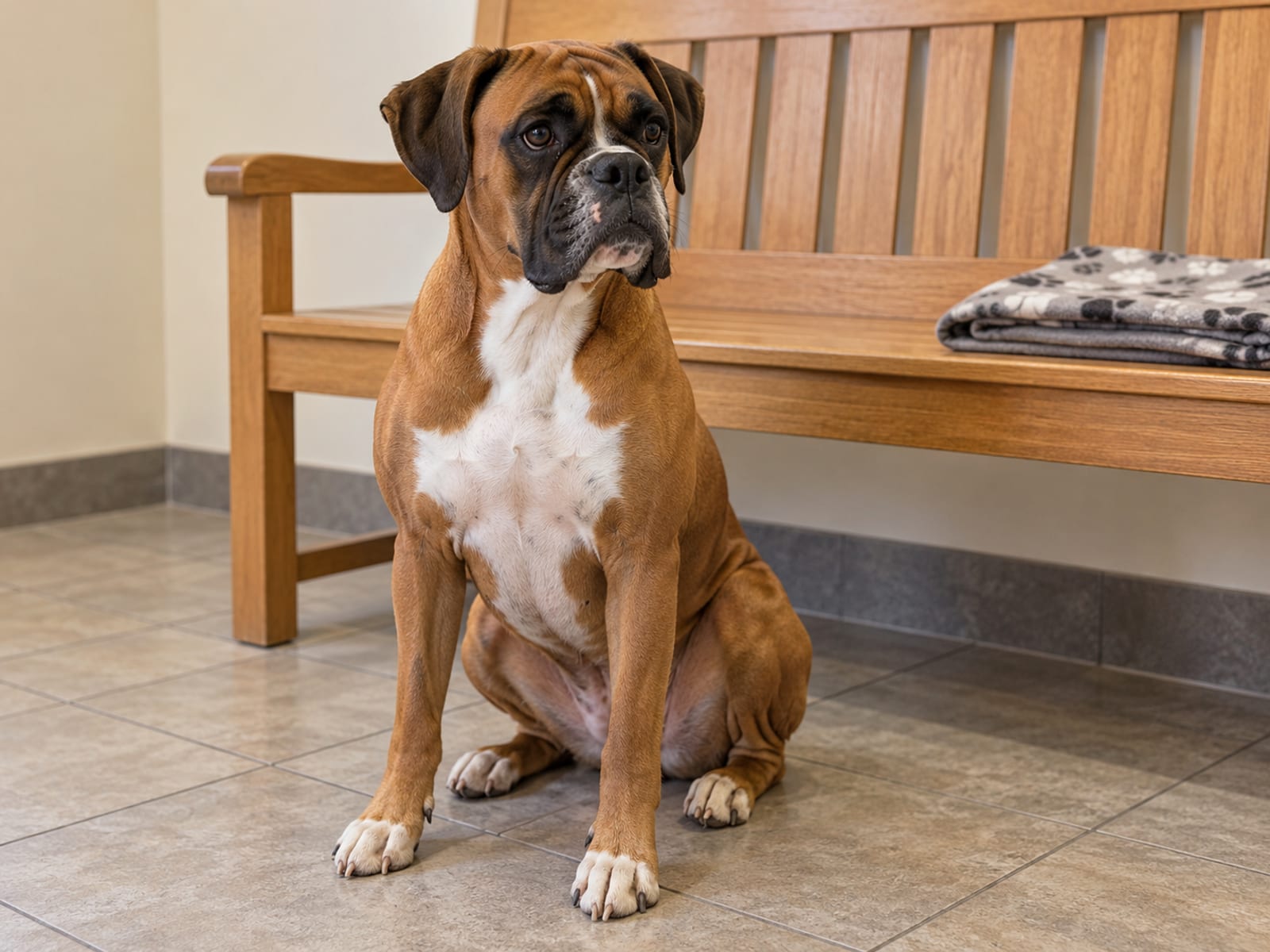 A boxer sitting calmly on the floor of a veterinary clinic waiting area with a plain bench and a folded blanket.