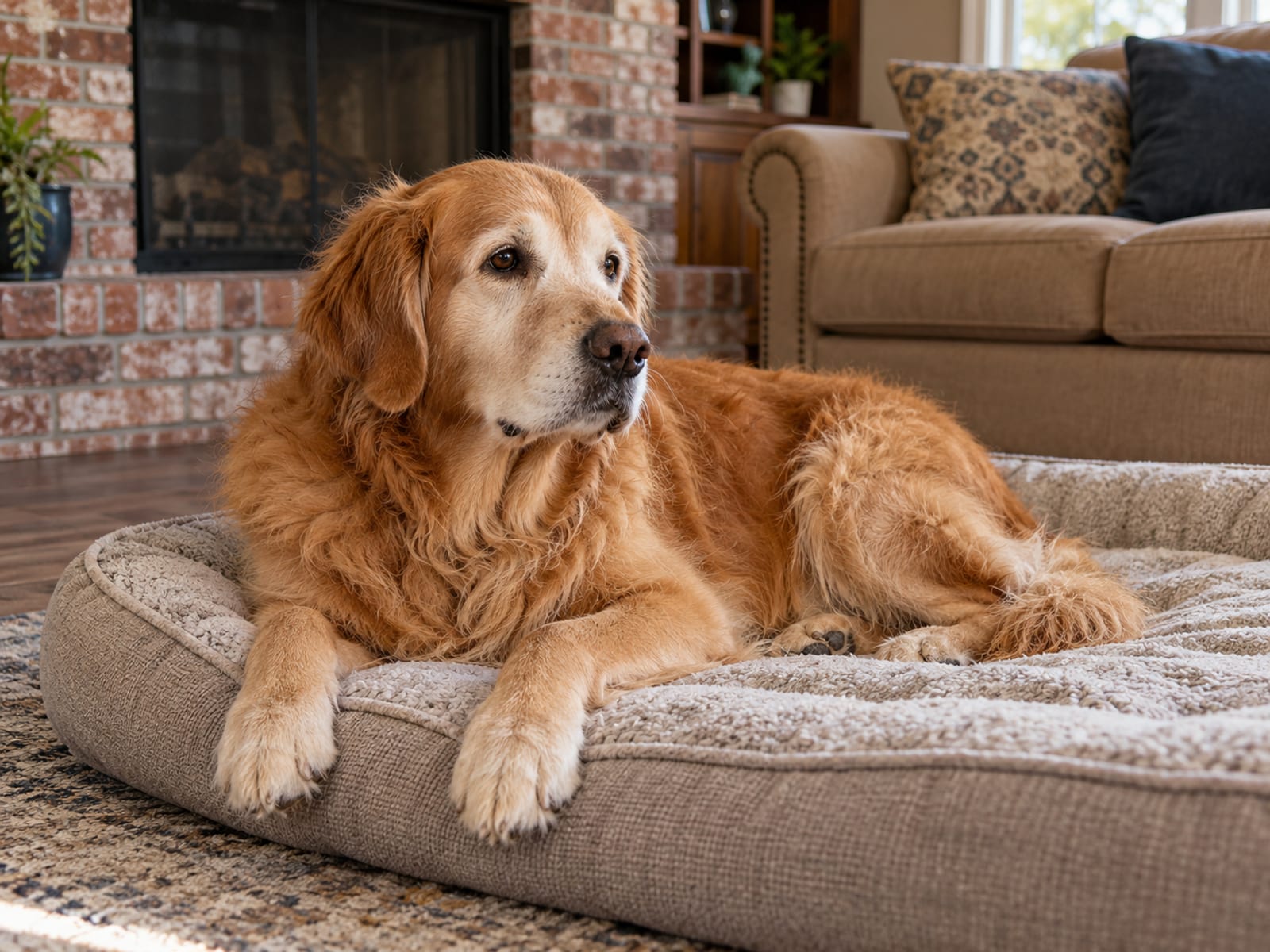 A middle-aged golden retriever resting on a dog bed in a den with a brick fireplace and a tan sofa.