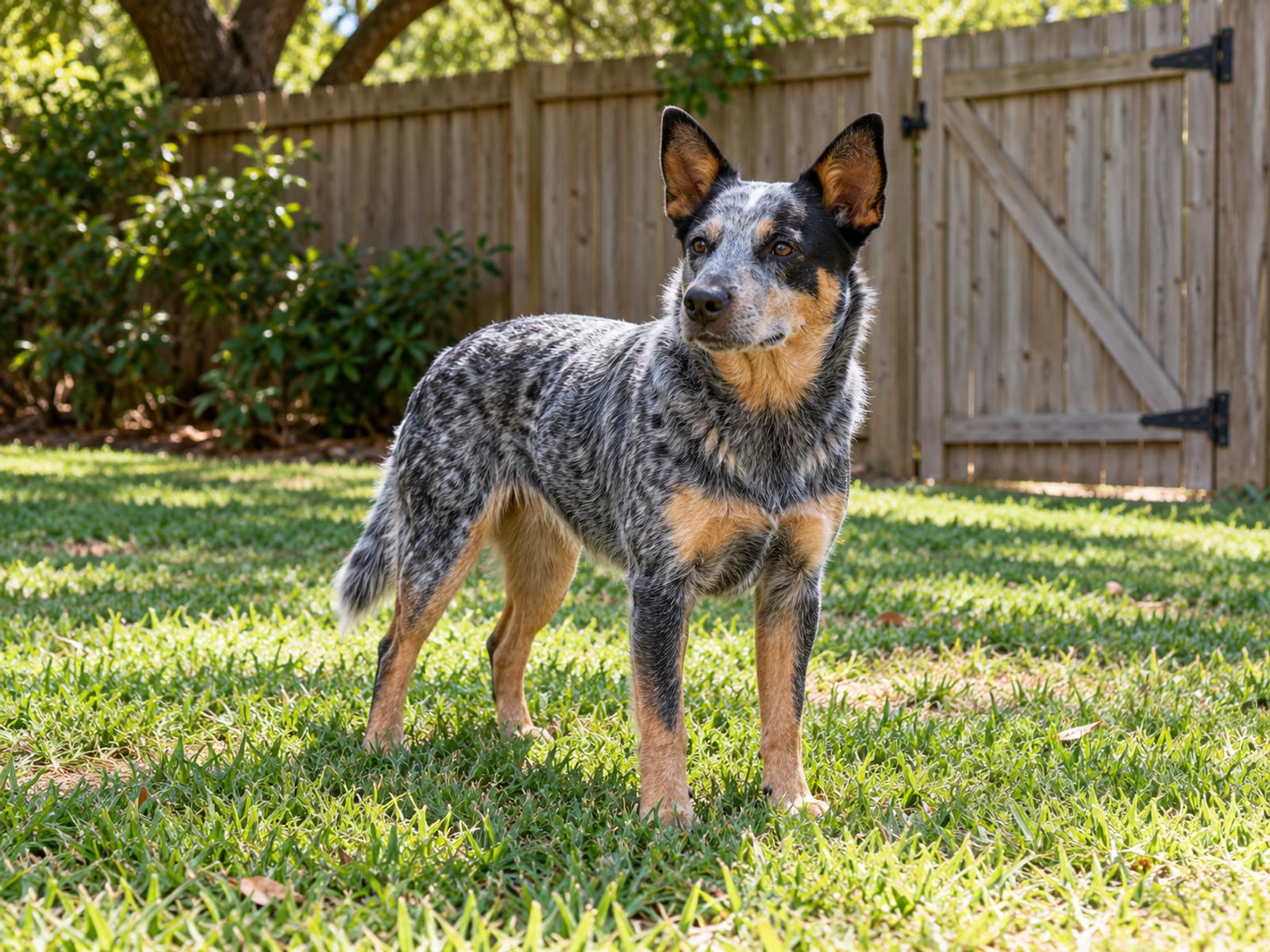 A young Australian cattle dog standing on a sunny backyard lawn beside a garden gate
