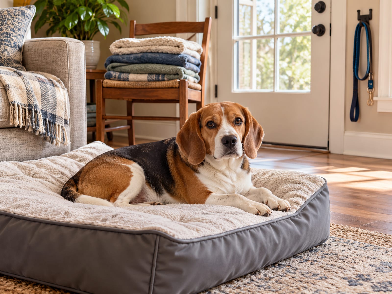 A beagle lying on a thick waterproof-covered bed in a sunny living room with clean blankets stacked on a chair and a leash on a hook