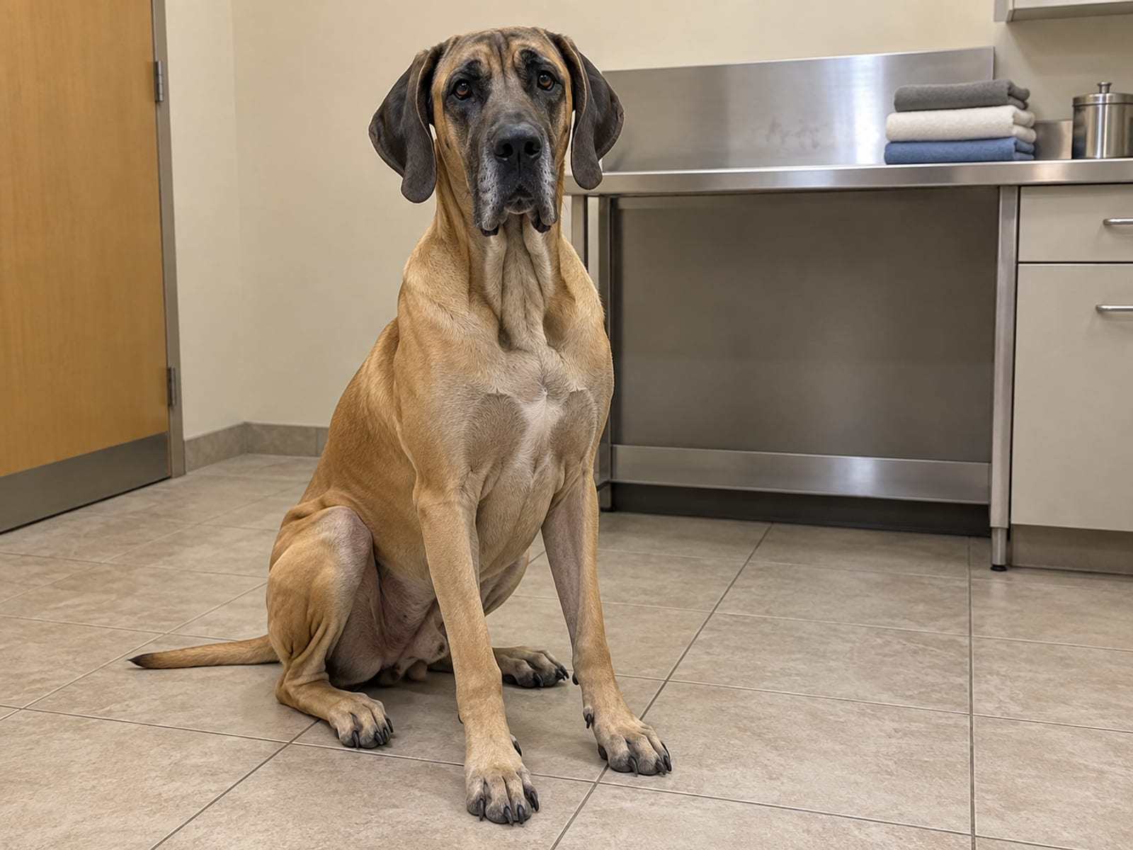 A Great Dane sitting on the floor of a quiet veterinary exam room with a steel counter and folded towels behind it