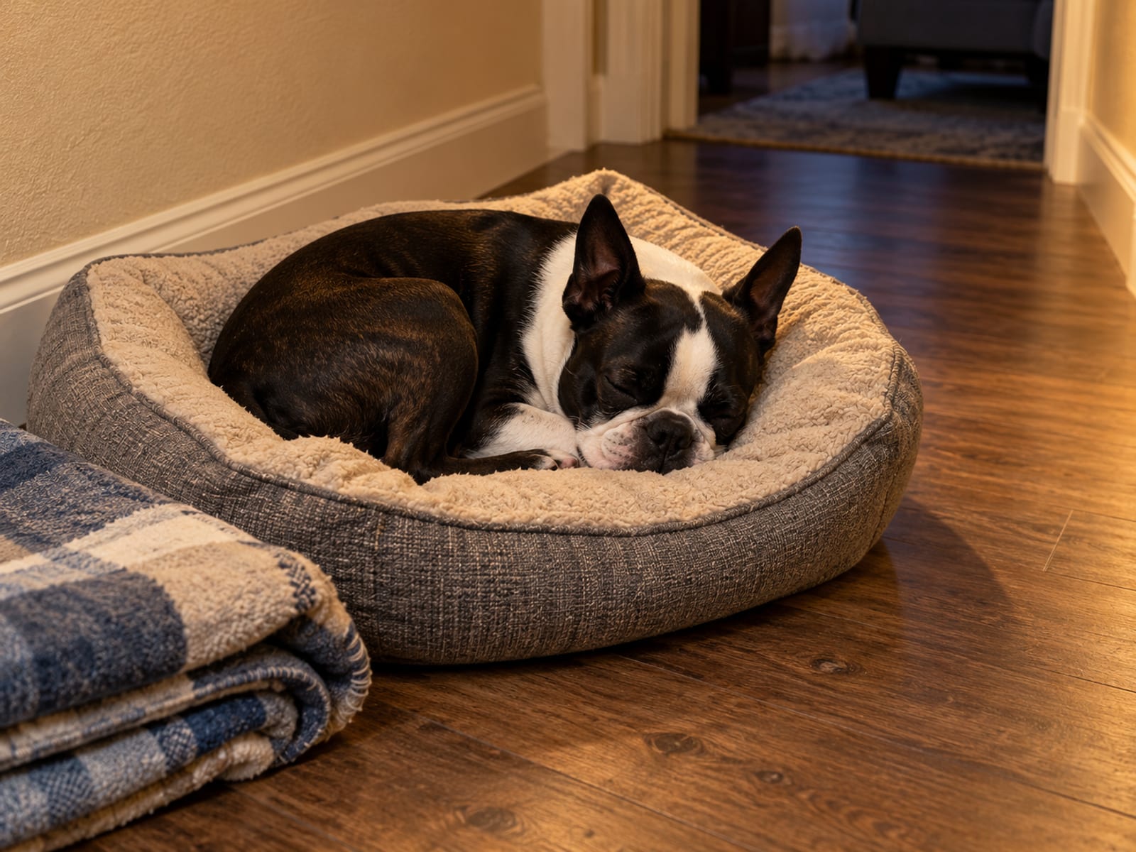 A Boston terrier sleeping curled up on a clean washable dog bed in a quiet hallway with a folded blanket beside it