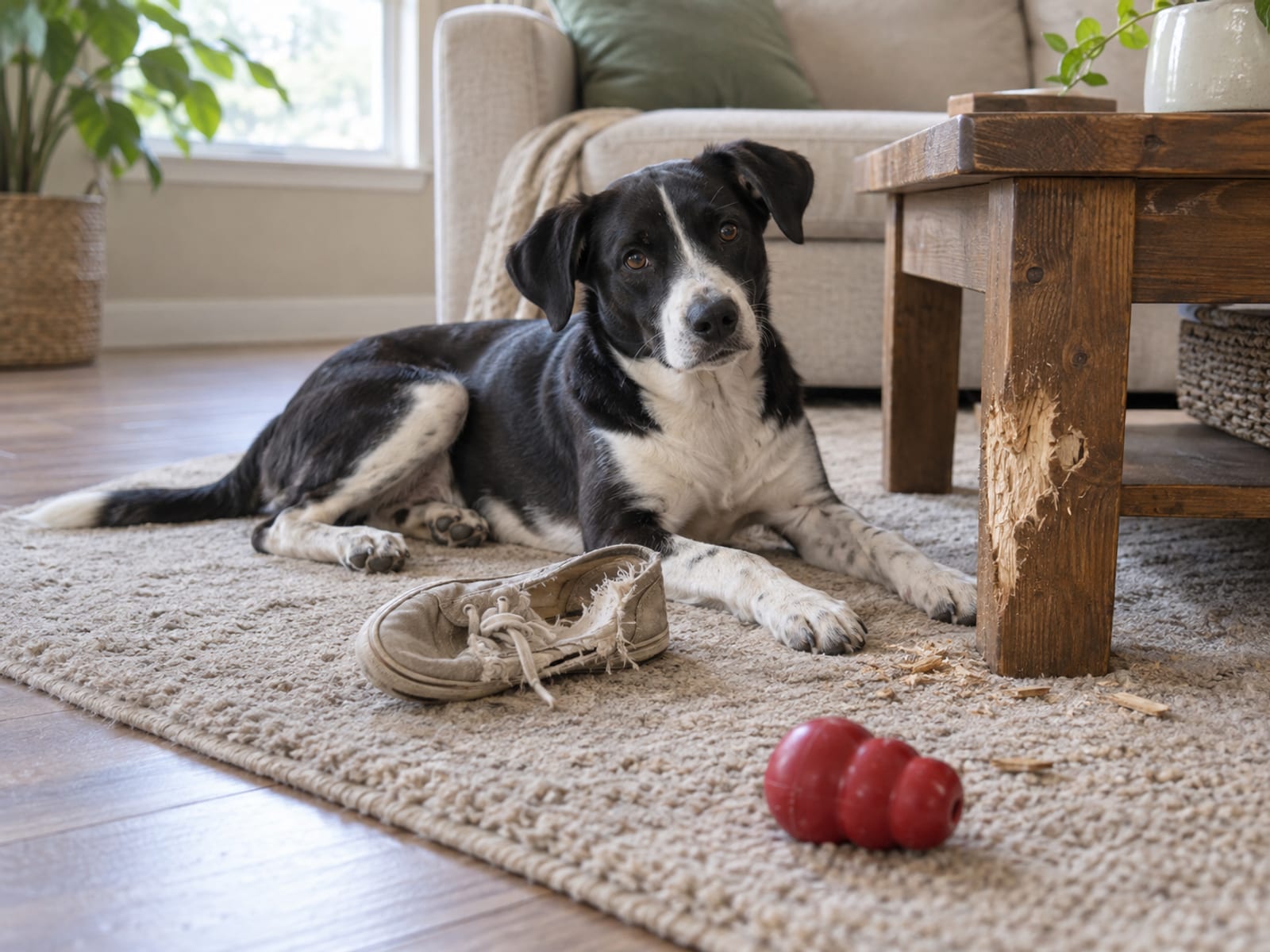 Young dog lying beside a chewed table leg and a gnawed shoe with a rubber chew toy nearby