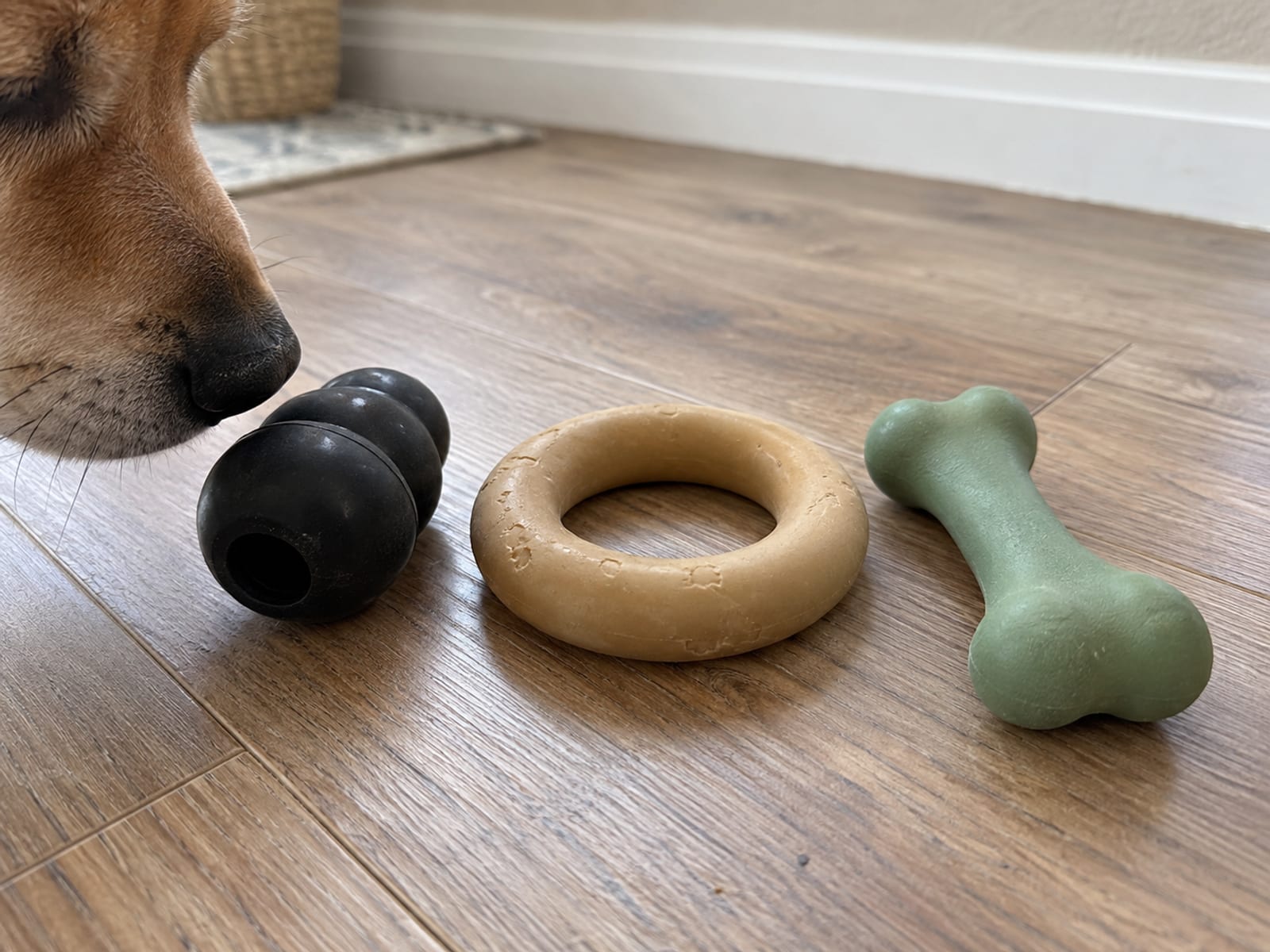 Three plain rubber dog toys on a wood-look floor with a dog's nose entering the frame to sniff them