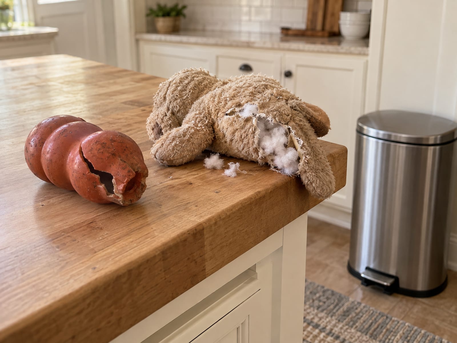 Cracked rubber dog toy and torn plush toy with stuffing showing on a kitchen counter beside a trash can
