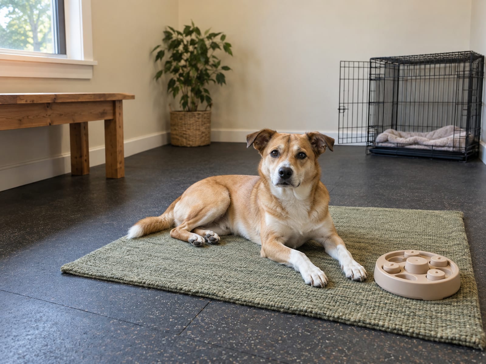 Dog lying on a mat in a quiet training room with a food puzzle toy and an open crate