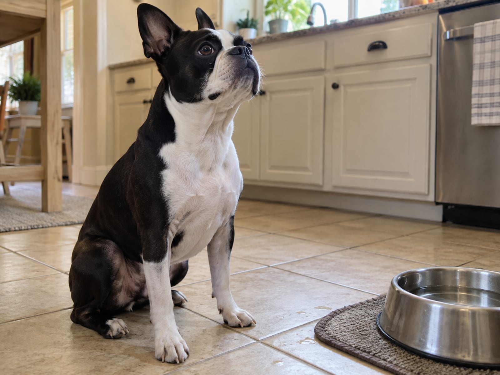 Black and white Boston terrier sitting upright on a kitchen tile floor with its head slightly raised beside a water bowl