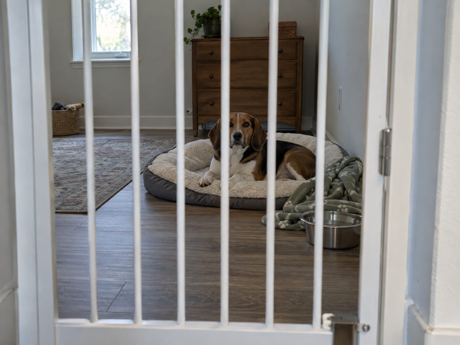 Beagle mix lying on a dog bed in a quiet spare room behind a closed pressure gate, with a water bowl and folded blanket beside it