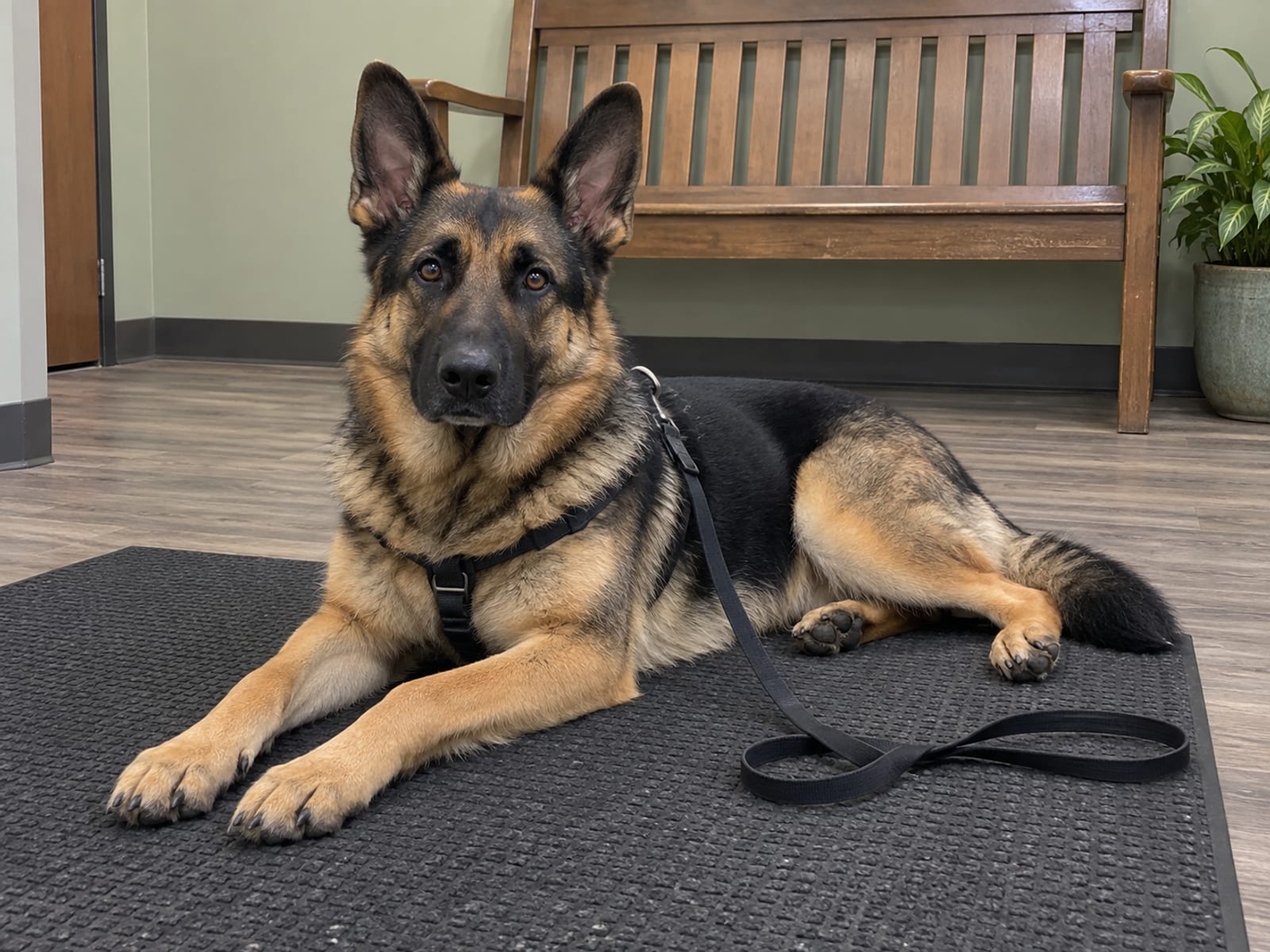 German shepherd lying on a rubber mat in a quiet veterinary waiting room with its leash trailing slack from its harness